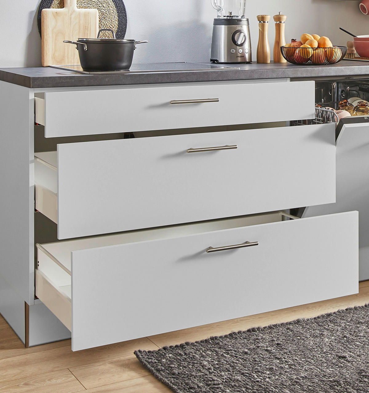 KÜCHENBLOCK PN 80 310 cm  in Graphitfarben, Hellgrau  - Edelstahlfarben/Hellgrau, Design, Holzwerkstoff/Metall (310cm) - Pino