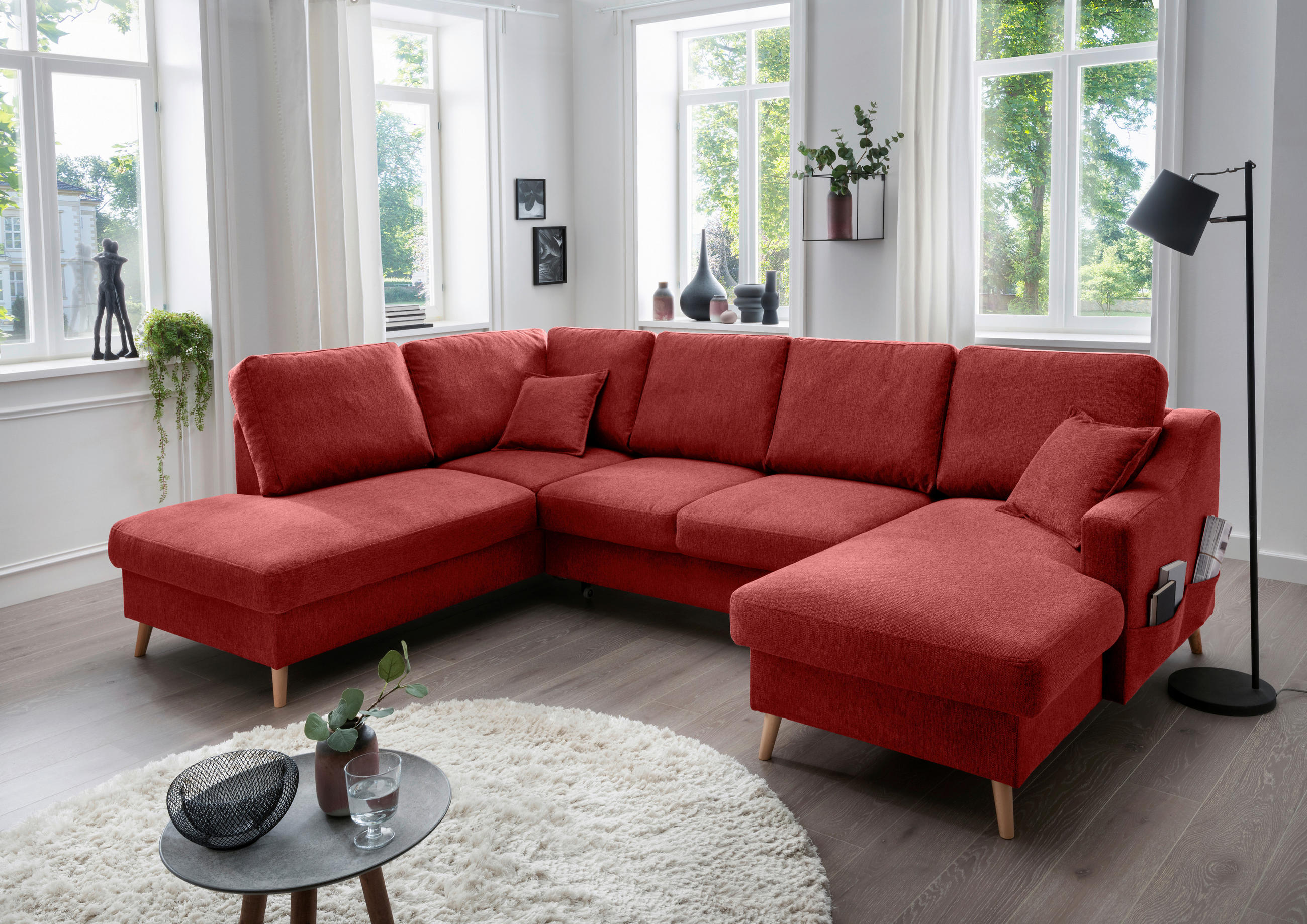 WOHNLANDSCHAFT Rot Chenille  - Rot/Naturfarben, KONVENTIONELL, Holz/Textil (200/301/150cm) - Livetastic