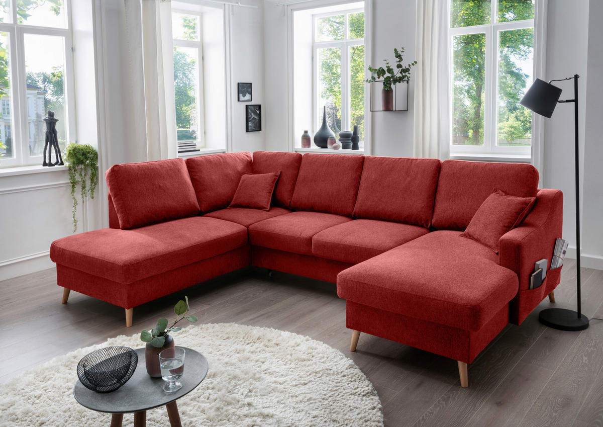 WOHNLANDSCHAFT Chenille Rot  - Rot/Naturfarben, Konventionell, Holz/Textil (200/301/150cm) - Livetastic