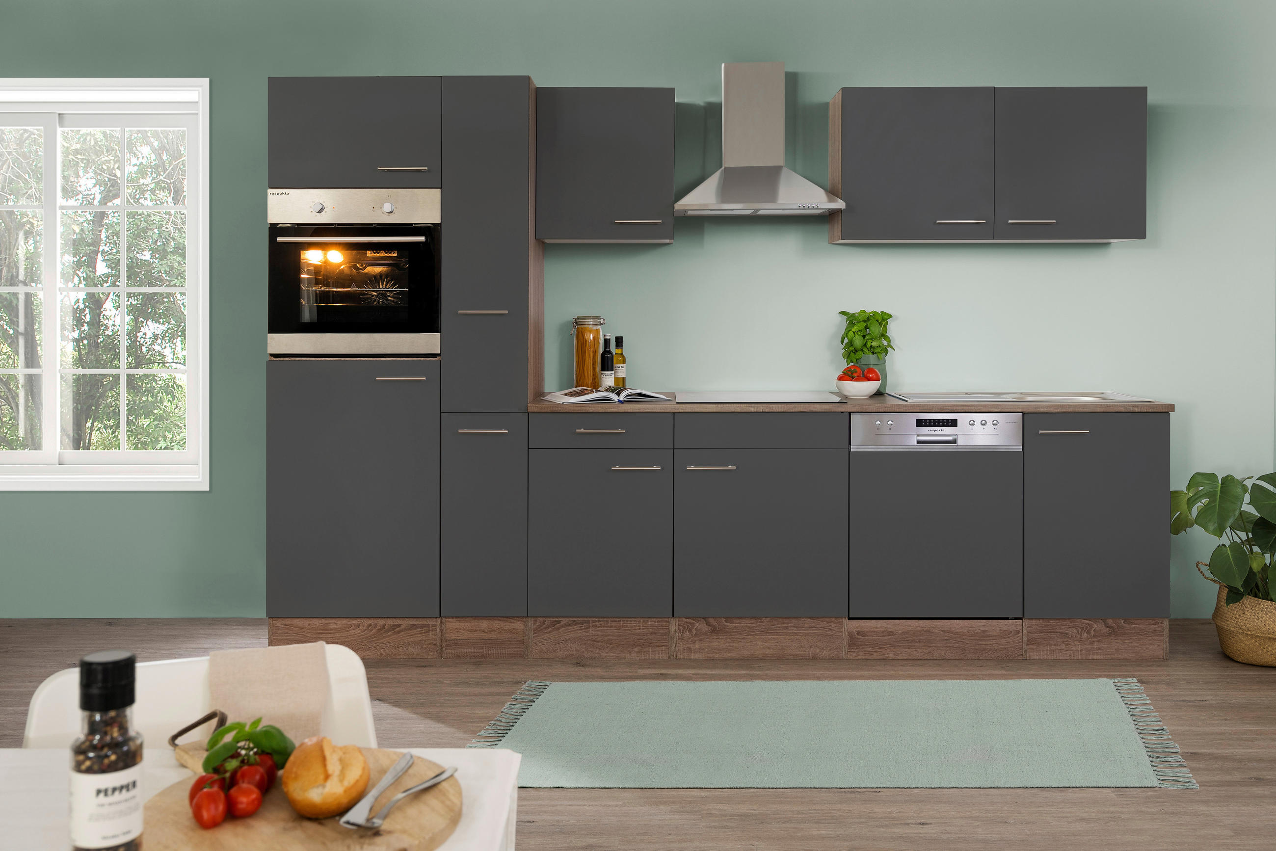 KÜCHENLEERBLOCK 310 cm   in Grau  - Edelstahlfarben/Eichefarben, Basics, Holzwerkstoff/Metall (310cm) - Respekta
