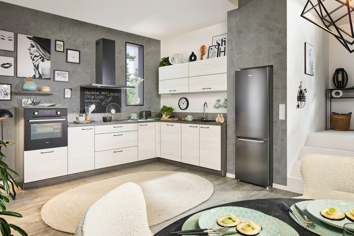ECKKÜCHE 305/215 cm  in Grau, Weiß, Eichefarben  - Eichefarben/Schwarz, KONVENTIONELL, Holzwerkstoff/Metall (305/215cm) - Welnova