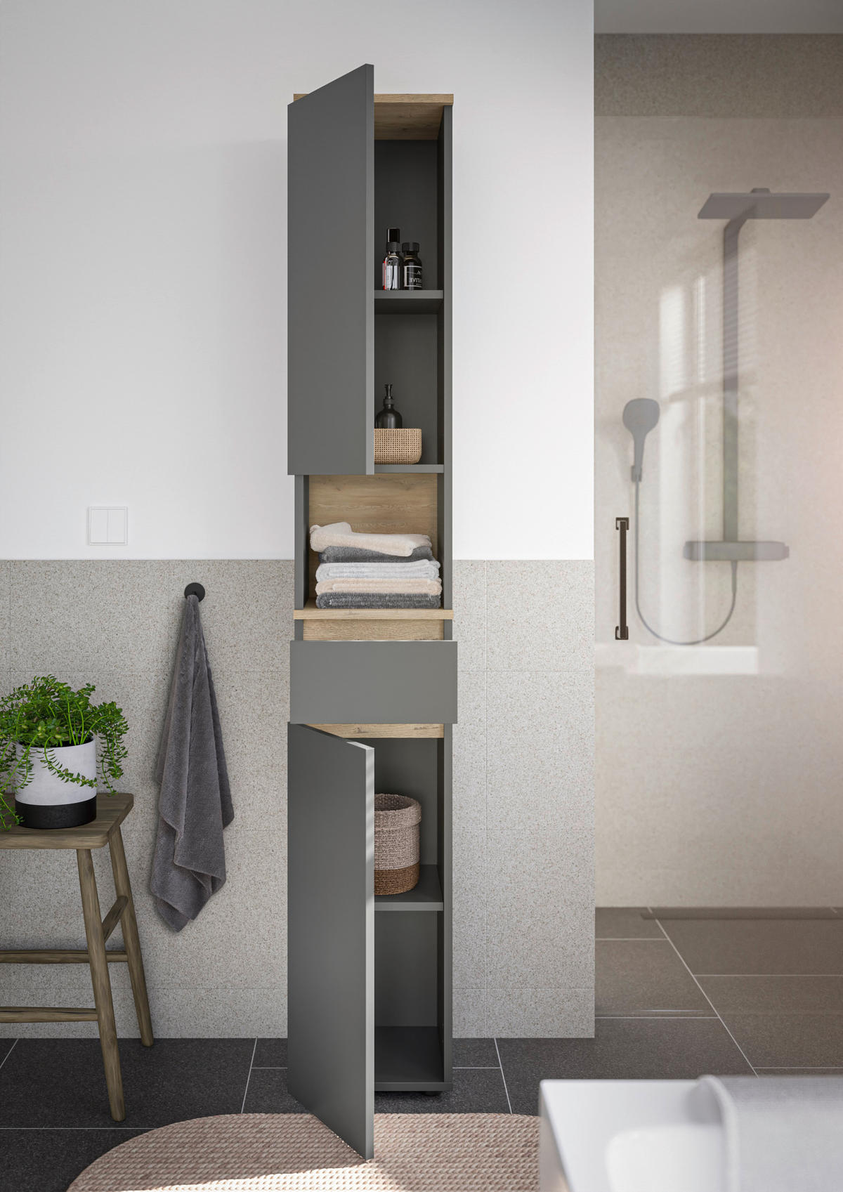 HOCHSCHRANK 30/190/30 cm  - Eichefarben/Anthrazit, Design, Holzwerkstoff/Kunststoff (30/190/30cm) - home24