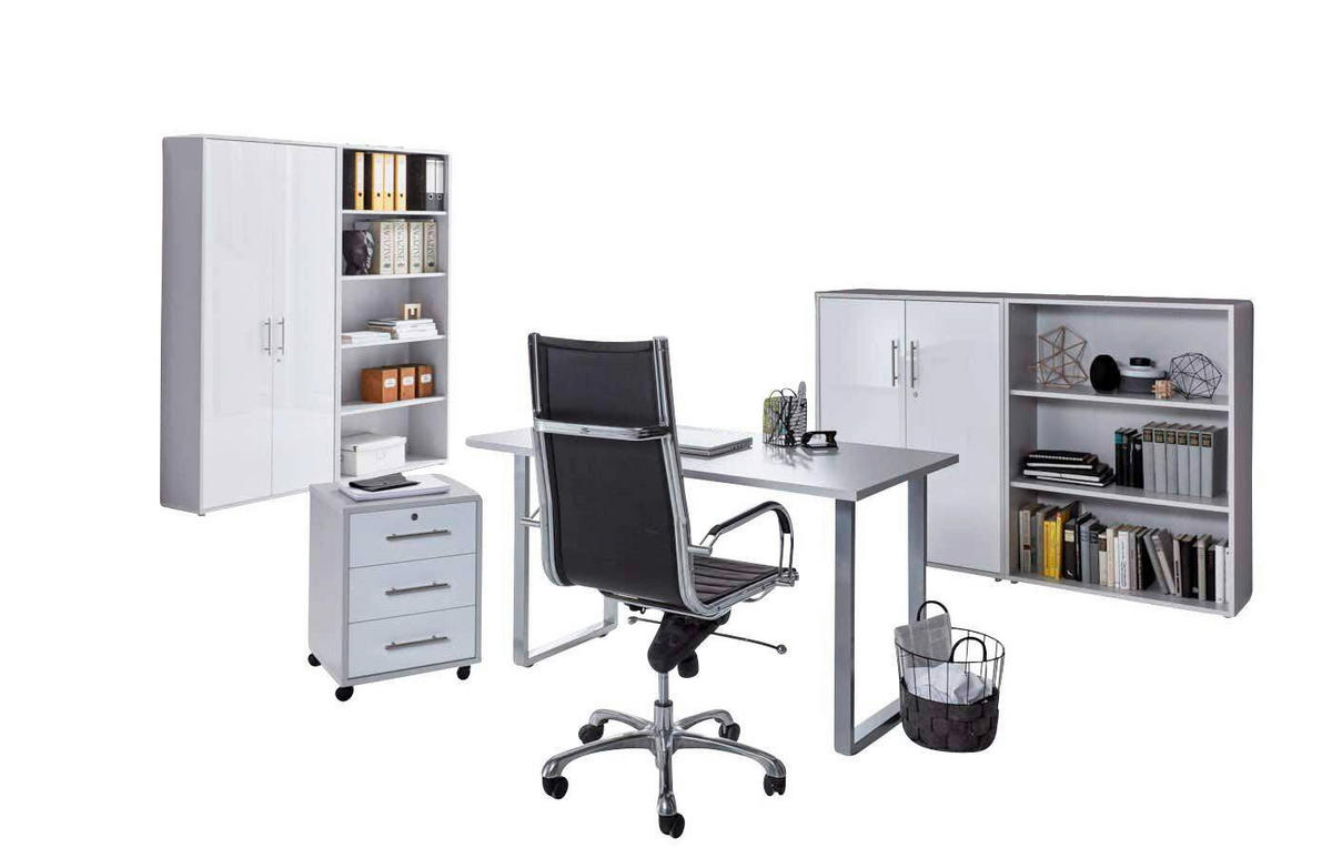 BÜRO - Weiß Hochglanz/Grau, MODERN, Holzwerkstoff/Metall - MID.YOU