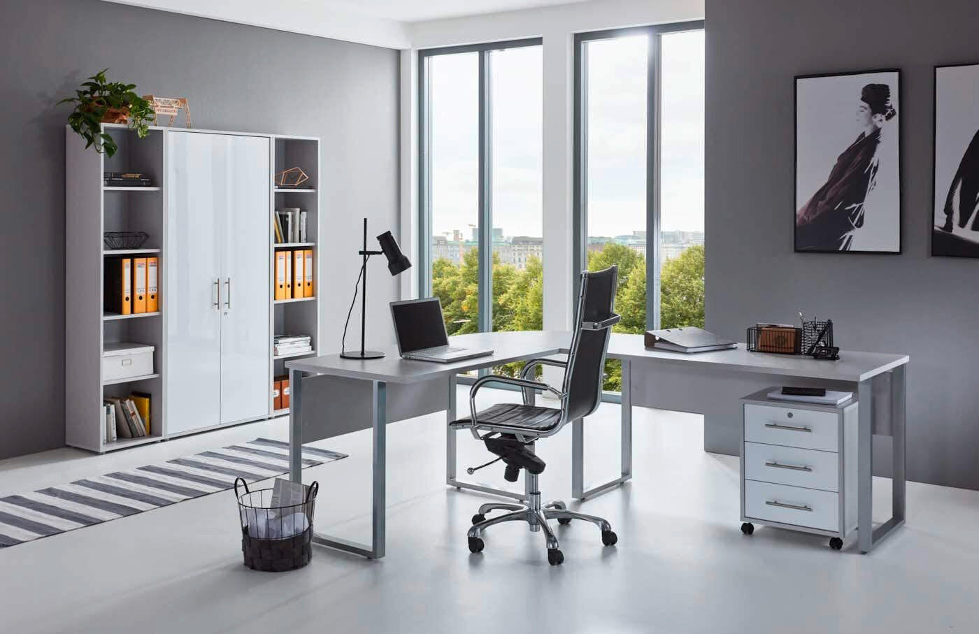 BÜRO erweiterbar, in verschiedenen Holz-Dekoren erhältlich, Schreibtisch seitenverkehrt montierbar, abschließbar Grau, Weiß Hochglanz - Weiß Hochglanz/Grau, MODERN, Holzwerkstoff - MID.YOU