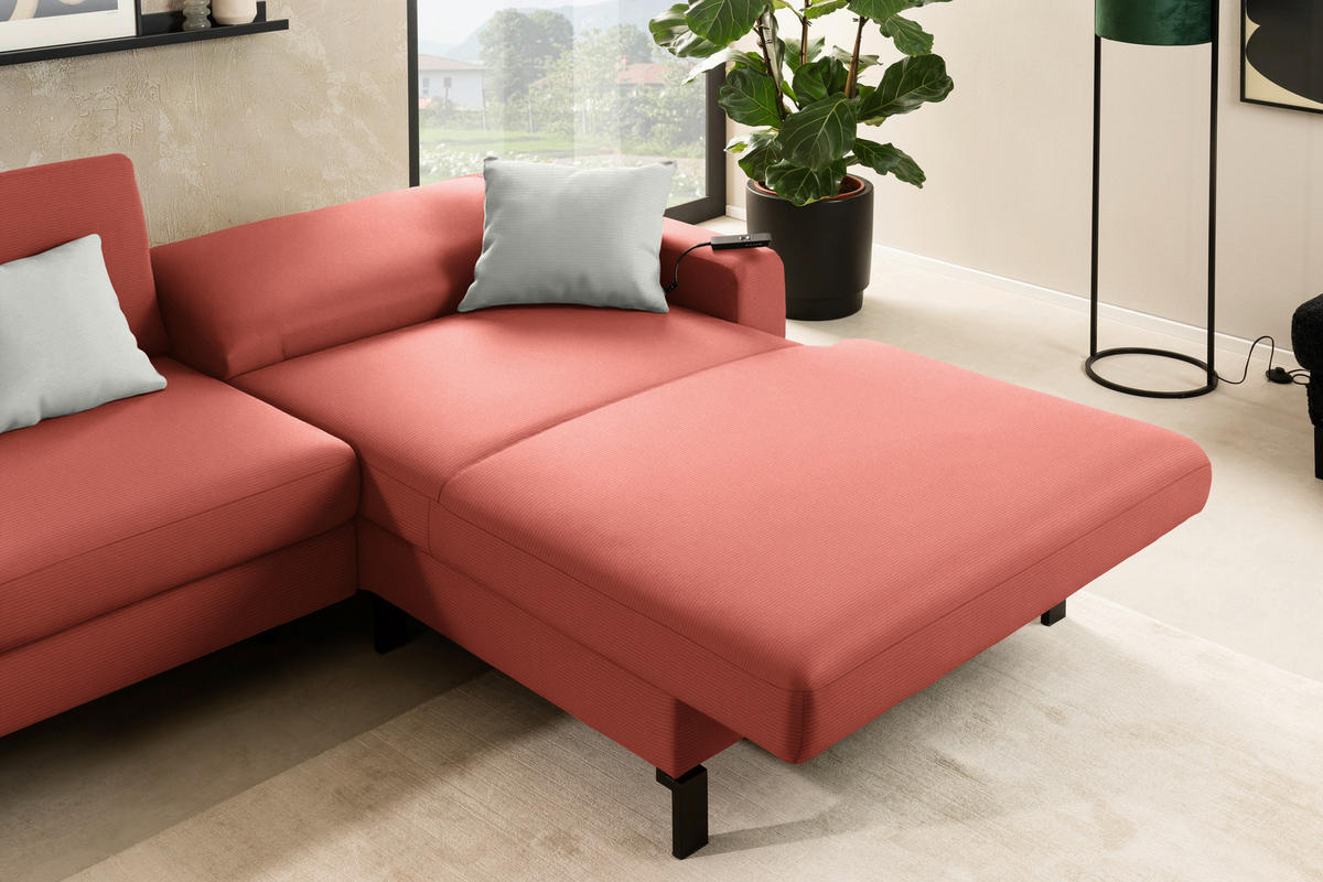 ECKSOFA Cord Koralle  - Koralle/Schwarz, Design, Textil/Metall (298/185cm) - Pure Home Lifestyle