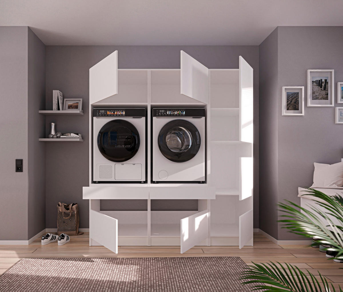 WASCHMASCHINENSCHRANK 68/200/68 cm  in Weiß  - Schwarz/Weiß, Design, Holzwerkstoff/Metall (68/200/68cm) - Milino