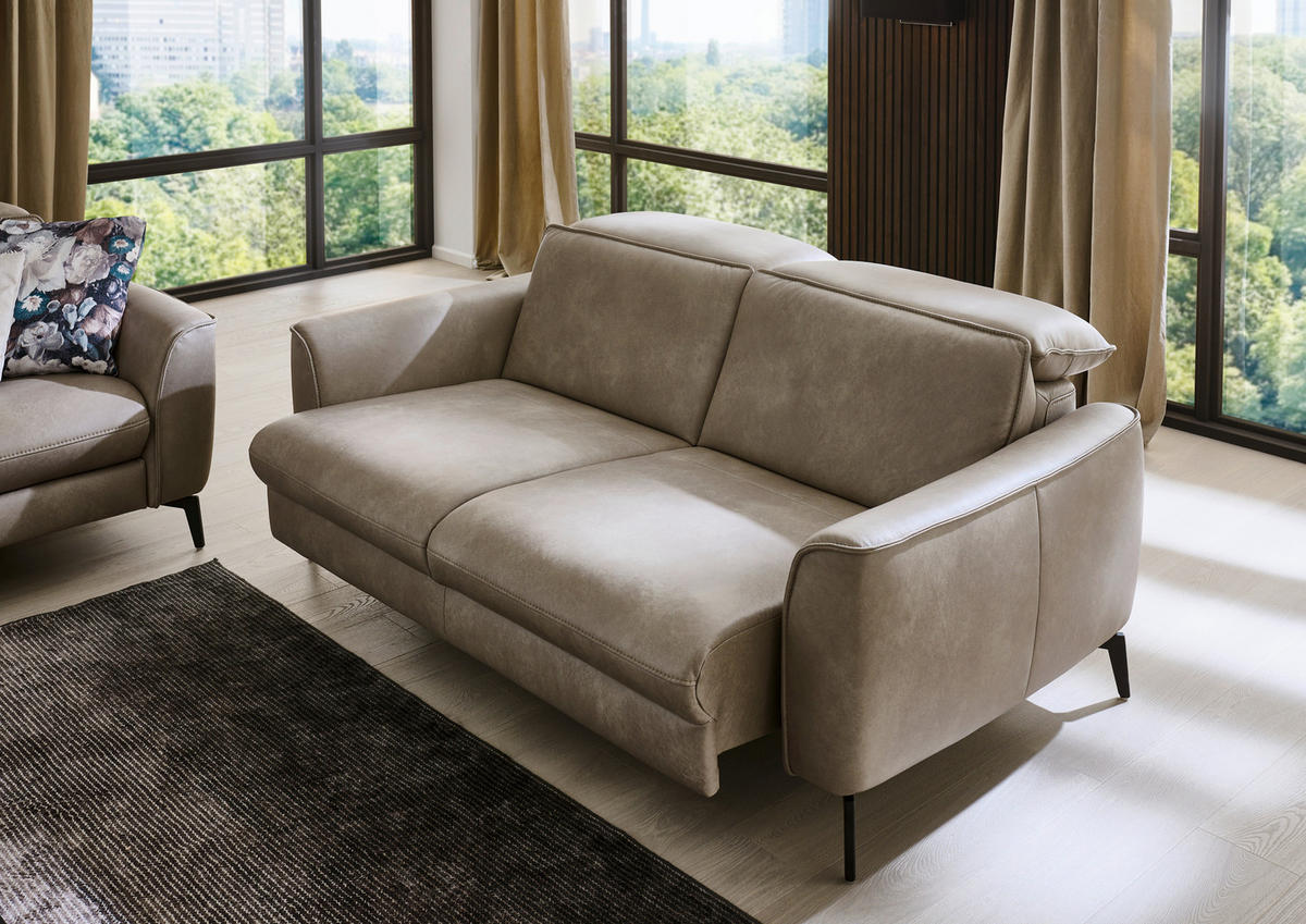 3-SITZER-SOFA in Echtleder Graubraun  - Graubraun/Schwarz, Natur, Leder/Metall (222/81/110cm) - Valdera