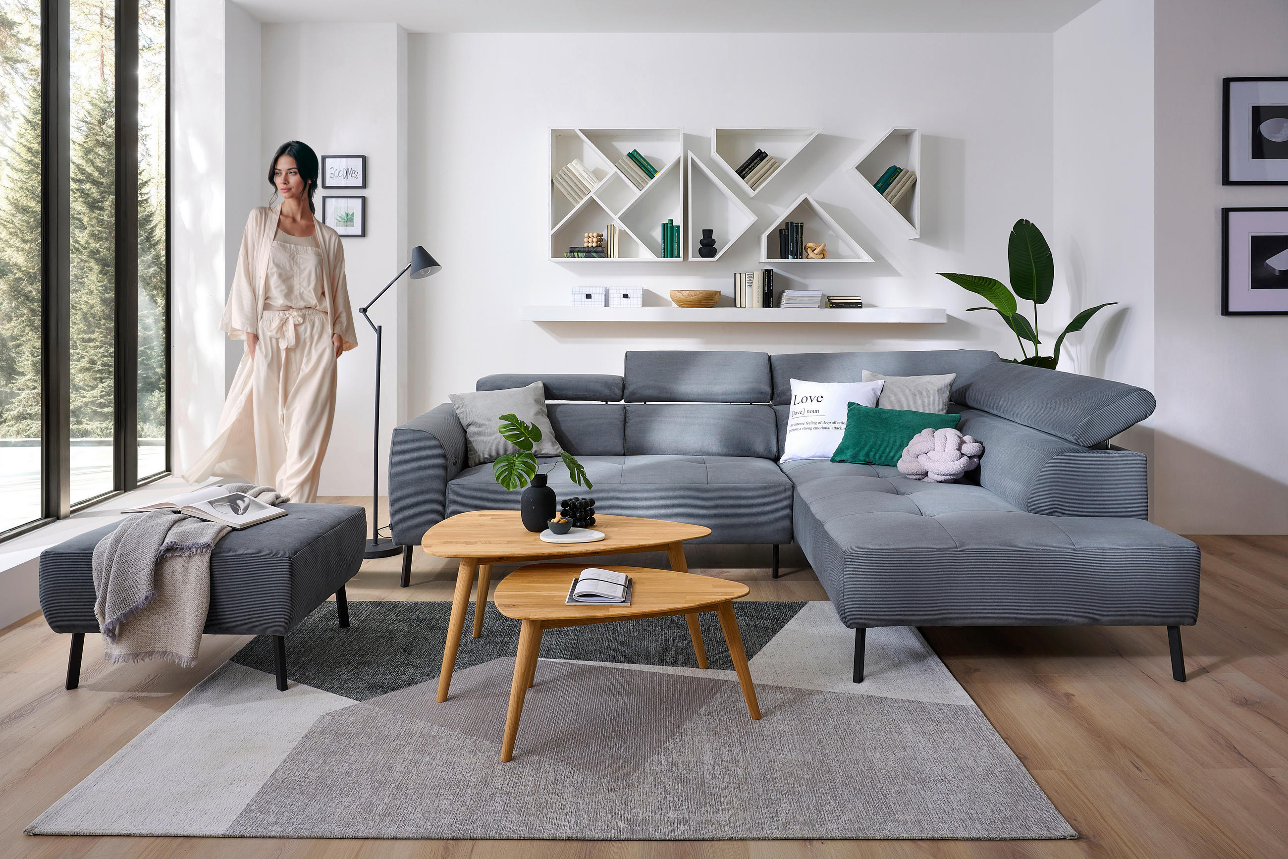 ECKSOFA in Feincord Anthrazit  - Anthrazit/Schwarz, Design, Textil/Metall (280/205cm) - MID.YOU