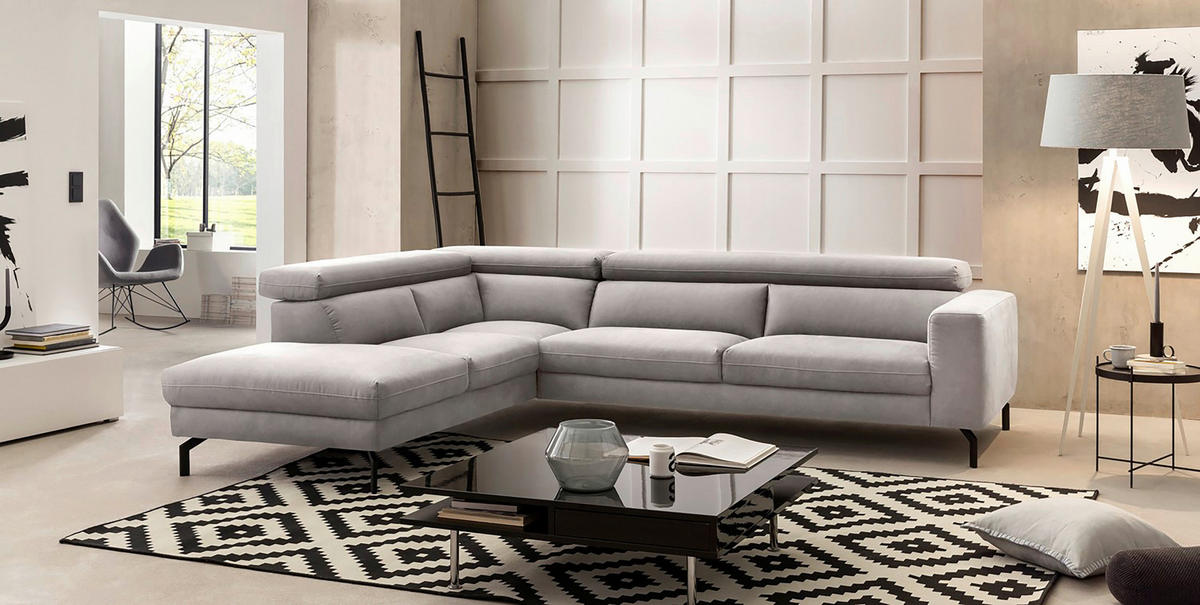 ECKSOFA CALIFORNIA Silberfarben Mikrofaser  - Silberfarben/Schwarz, MODERN, Textil/Metall (233/305cm) - Trendmanufaktur