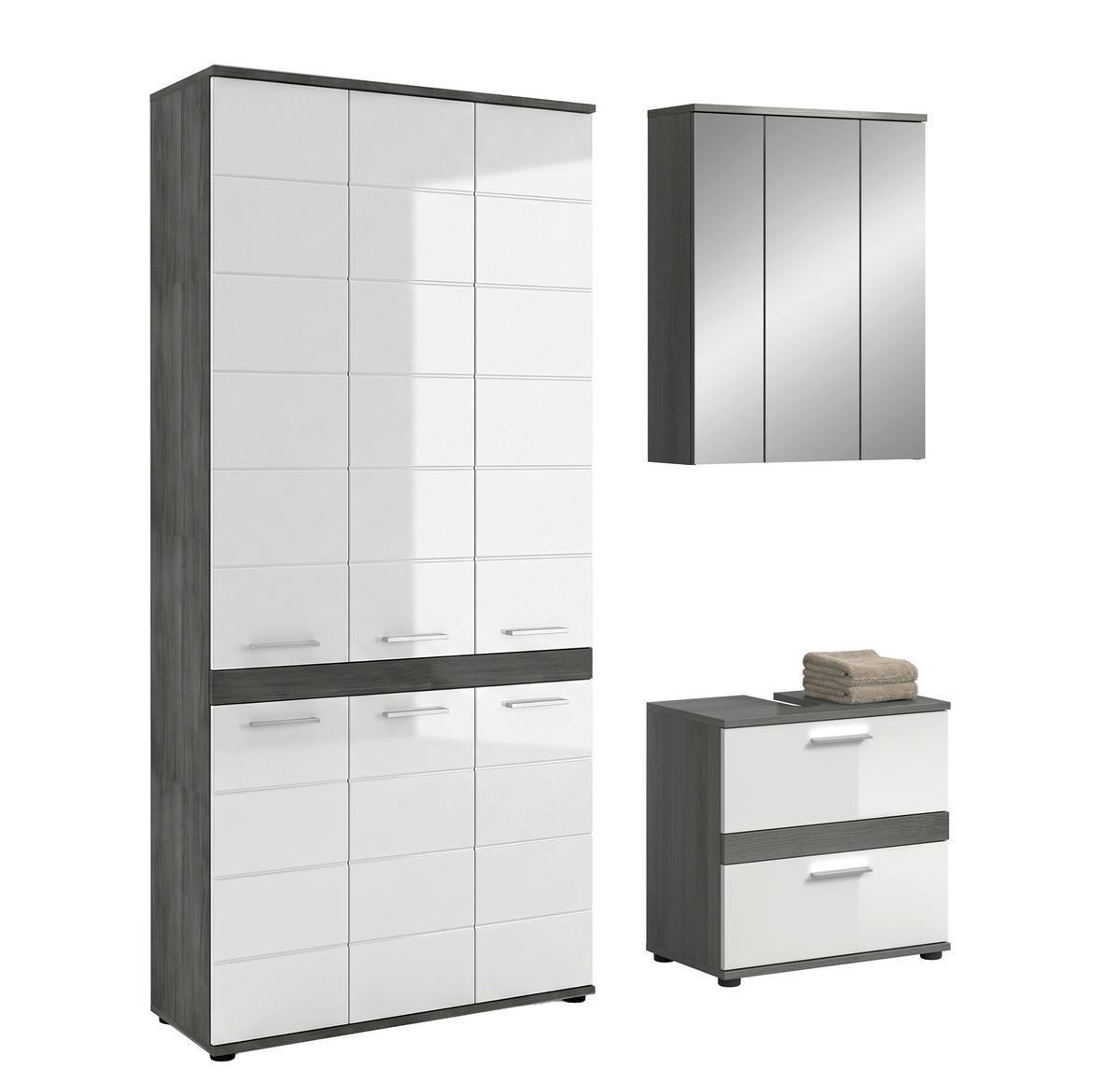 BADEZIMMER 3-teilig  in 165 cm  - Weiß Hochglanz/Silberfarben, Trend, Glas/Holzwerkstoff (165cm) - MID.YOU