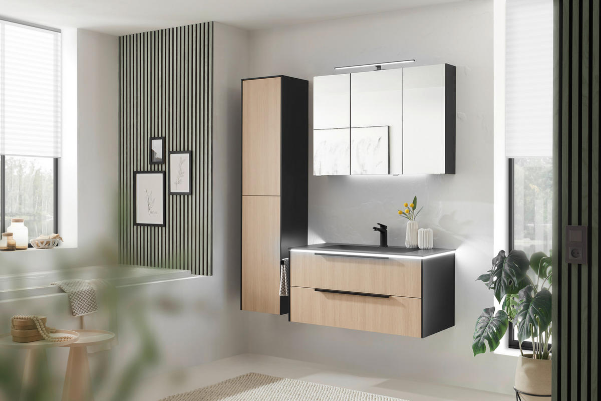 BADEZIMMER 3-teilig  in 100,5 cm  - Eichefarben/Schwarz, Design, Glas/Holzwerkstoff (100,5cm) - Musterring