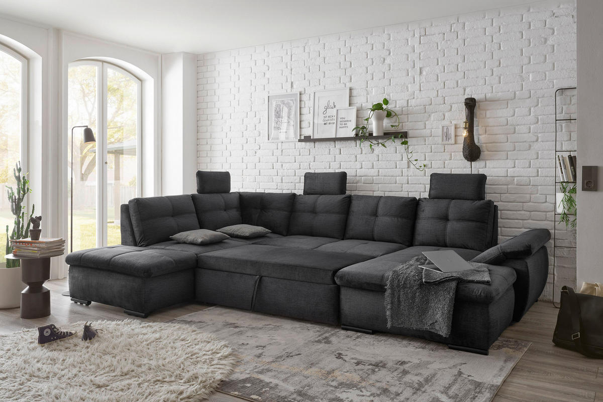 WOHNLANDSCHAFT Schwarz Mikrovelours  - Schwarz, KONVENTIONELL, Kunststoff/Textil (217/334/127cm) - Carryhome