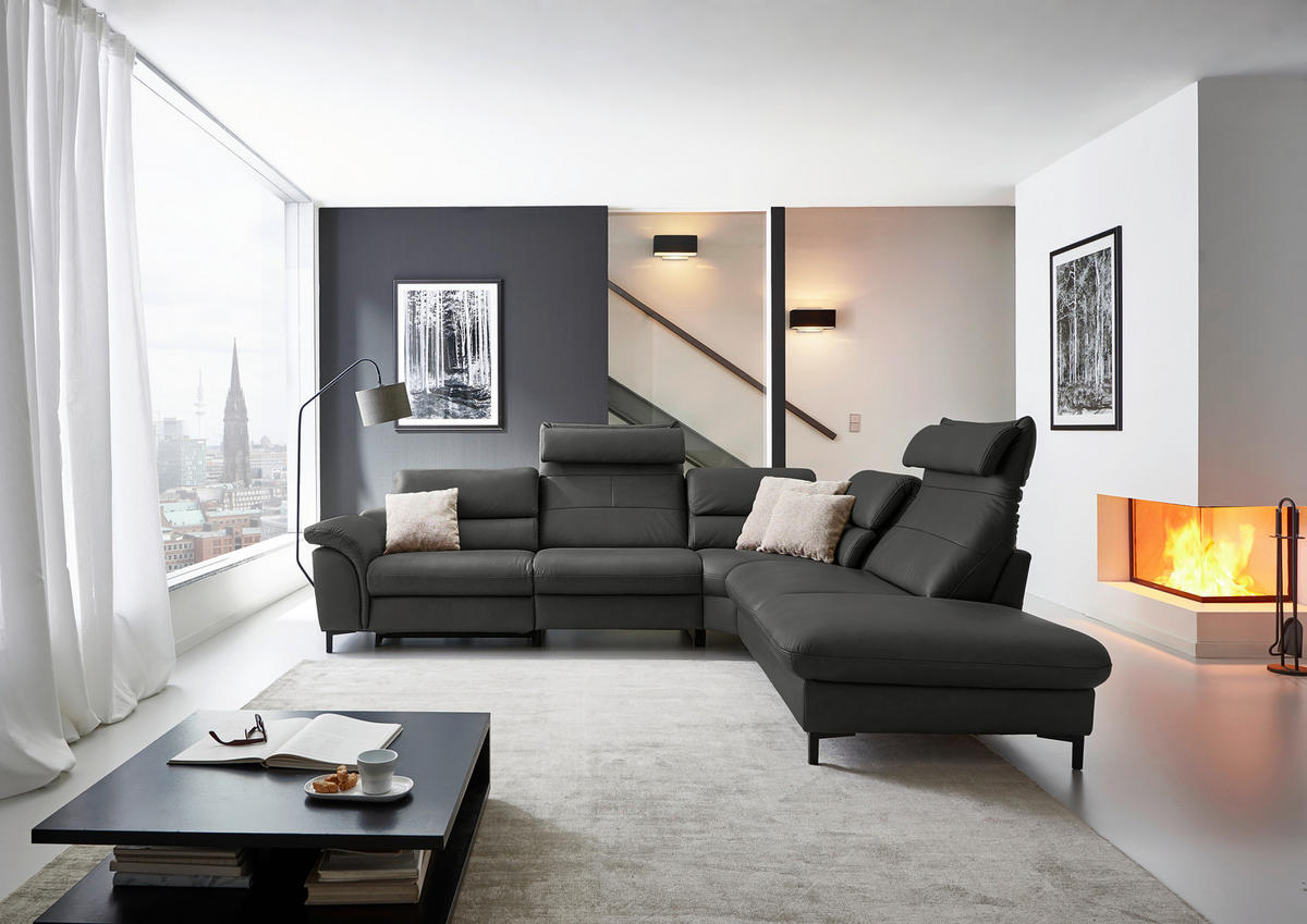 ECKSOFA Valdera Schwarz Echtleder  - Schwarz, Design, Leder/Metall (280/246cm) - Hukla