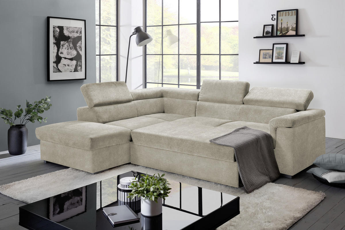 ECKSOFA in Flachgewebe Platinfarben  217/252 cm  - Platinfarben, Basics, Holz/Textil (217/252cm) - MID.YOU