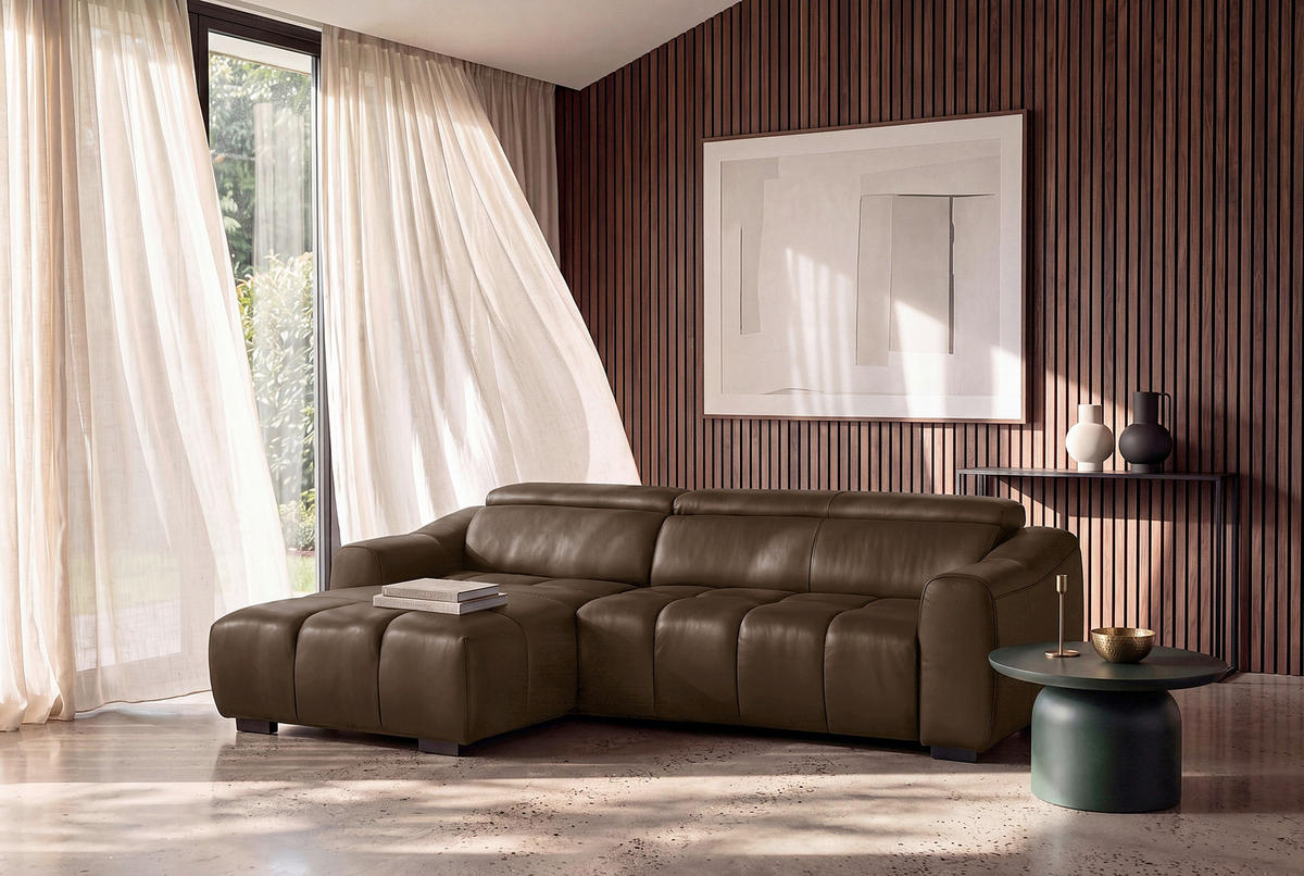 ECKSOFA AVEIRO Braun Echtleder Bettkasten, Kopfteilverstellung, Sitzvorzug  - Schwarz/Braun, Design, Leder/Kunststoff (177/274cm) - Livetastic