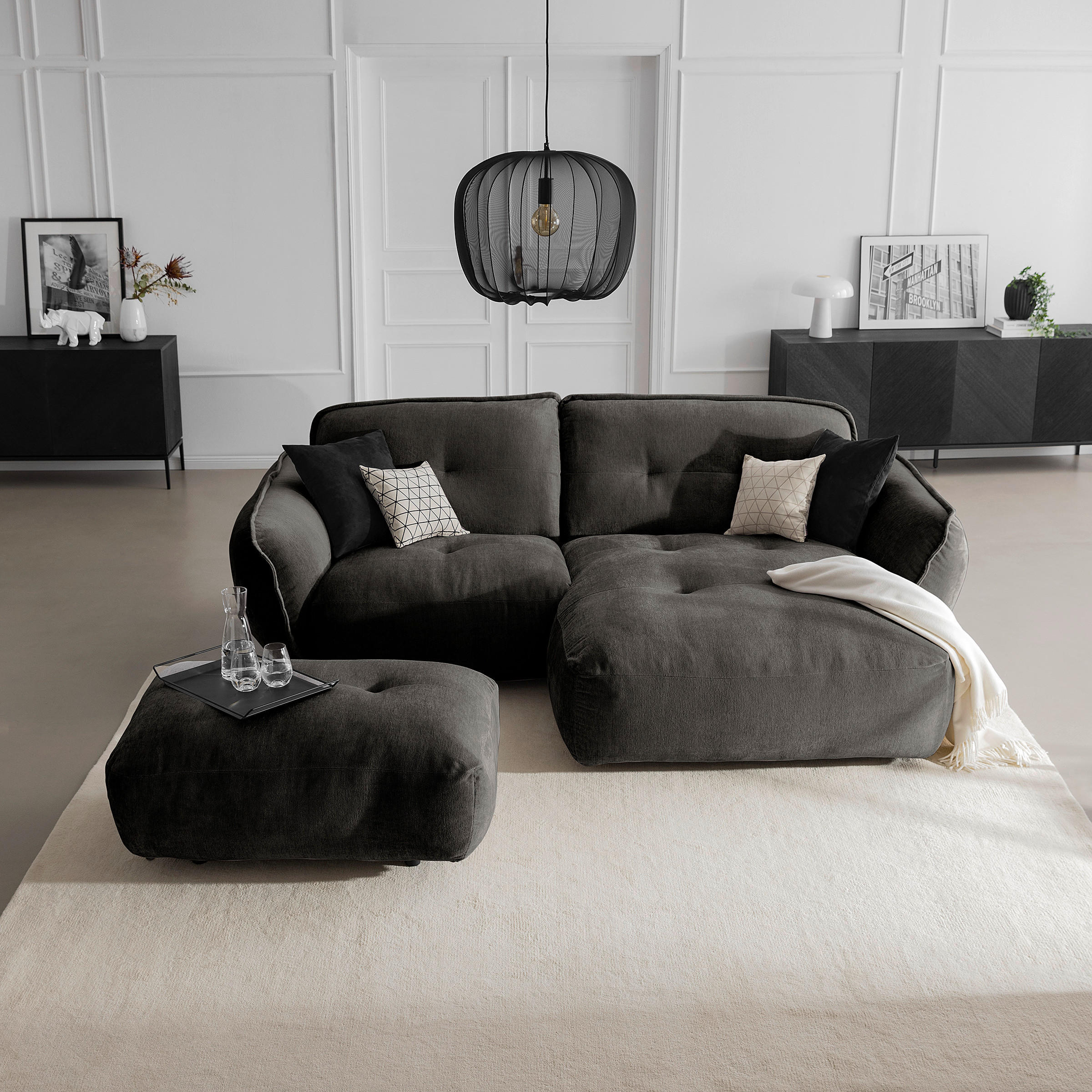 HOCKER in Textil Anthrazit  - Anthrazit/Schwarz, Modern, Kunststoff/Textil (102/46/65cm) - Trendmanufaktur