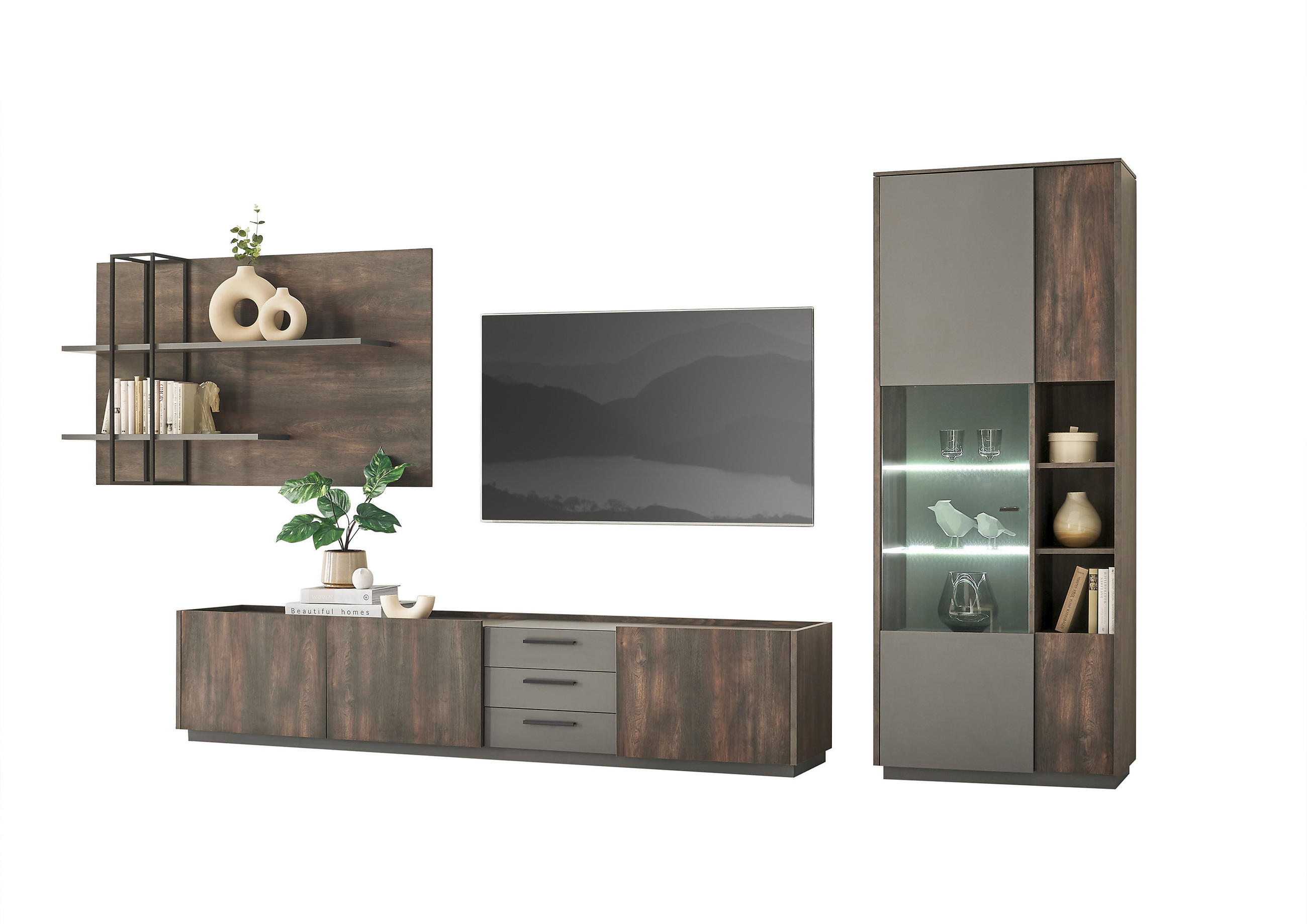 WOHNWAND 3-teilig  in Anthrazit, Eichefarben  390/200/45 cm  - Eichefarben/Anthrazit, Design, Glas/Holzwerkstoff (390/200/45cm) - MID.YOU