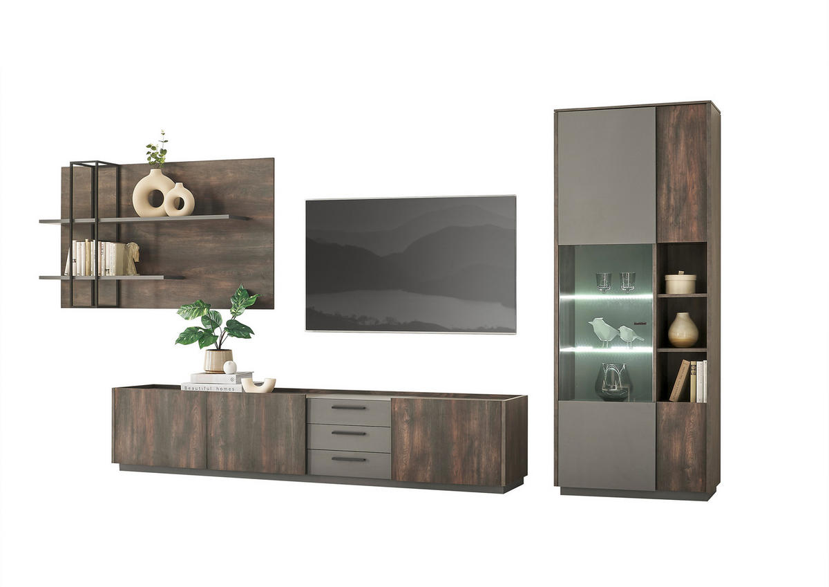 WOHNWAND 3-teilig  in Anthrazit, Eichefarben  390/200/45 cm  - Eichefarben/Anthrazit, Design, Glas/Holzwerkstoff (390/200/45cm) - MID.YOU