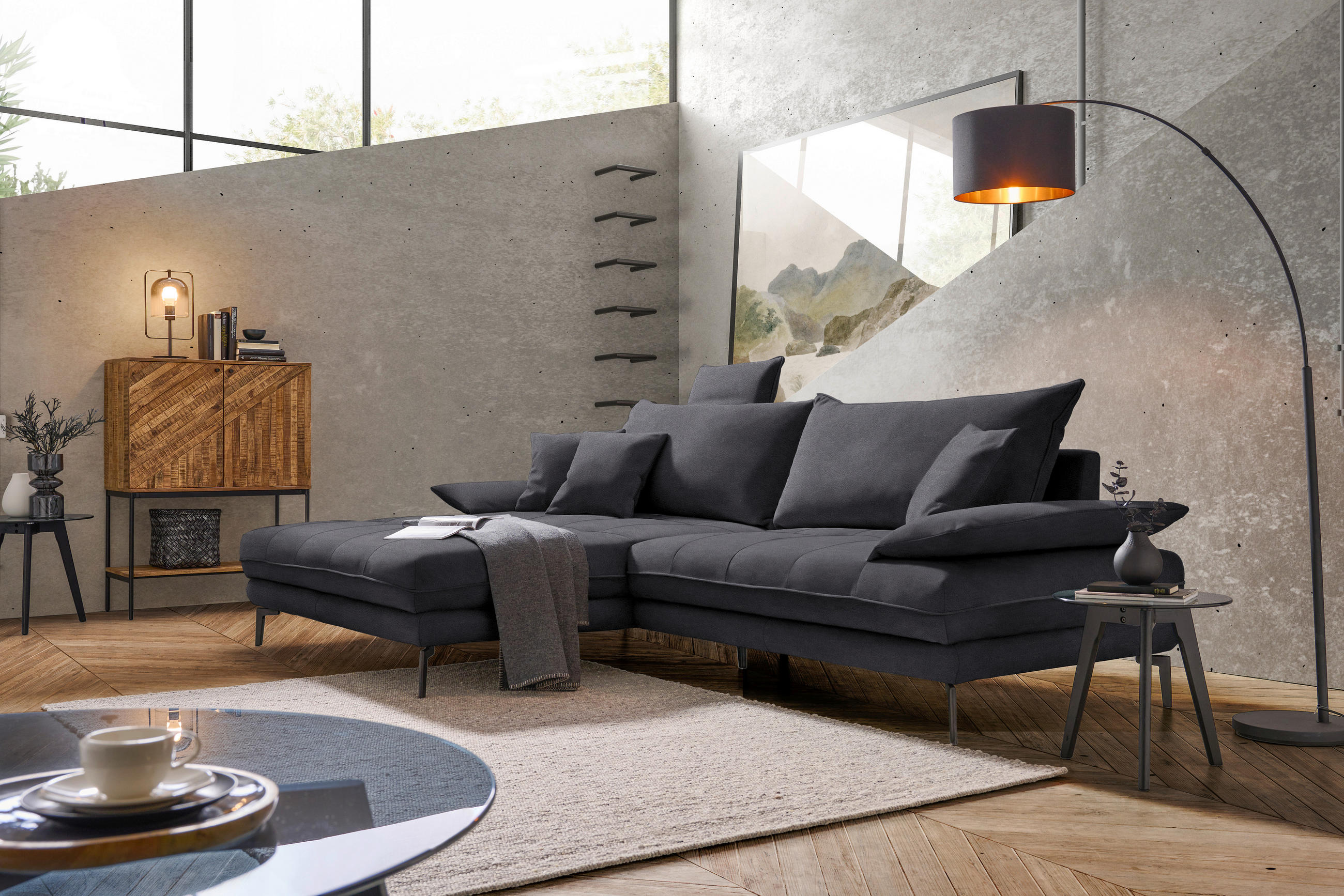ECKSOFA in Flachgewebe Anthrazit  176/292 cm  - Anthrazit/Schwarz, MODERN, Textil/Metall (176/292cm) - Carryhome