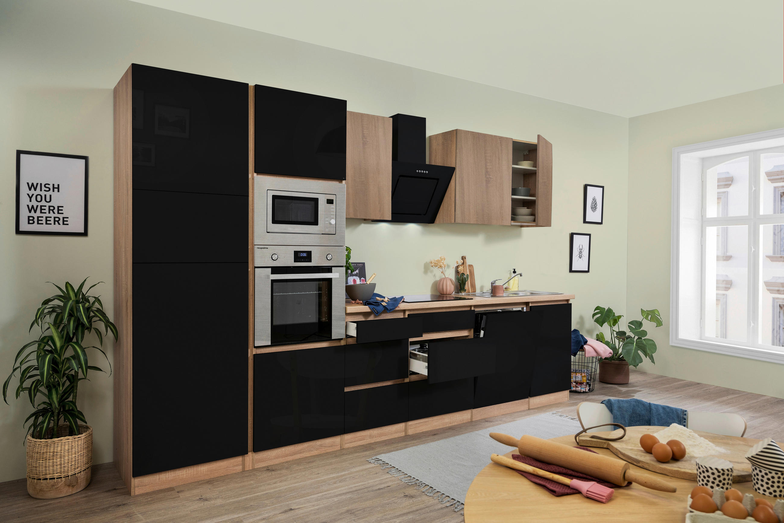 KÜCHENBLOCK 345 cm   in Eichefarben, Schwarz Hochglanz  - Schwarz Hochglanz/Eichefarben, Basics, Holzwerkstoff (345cm) - Respekta