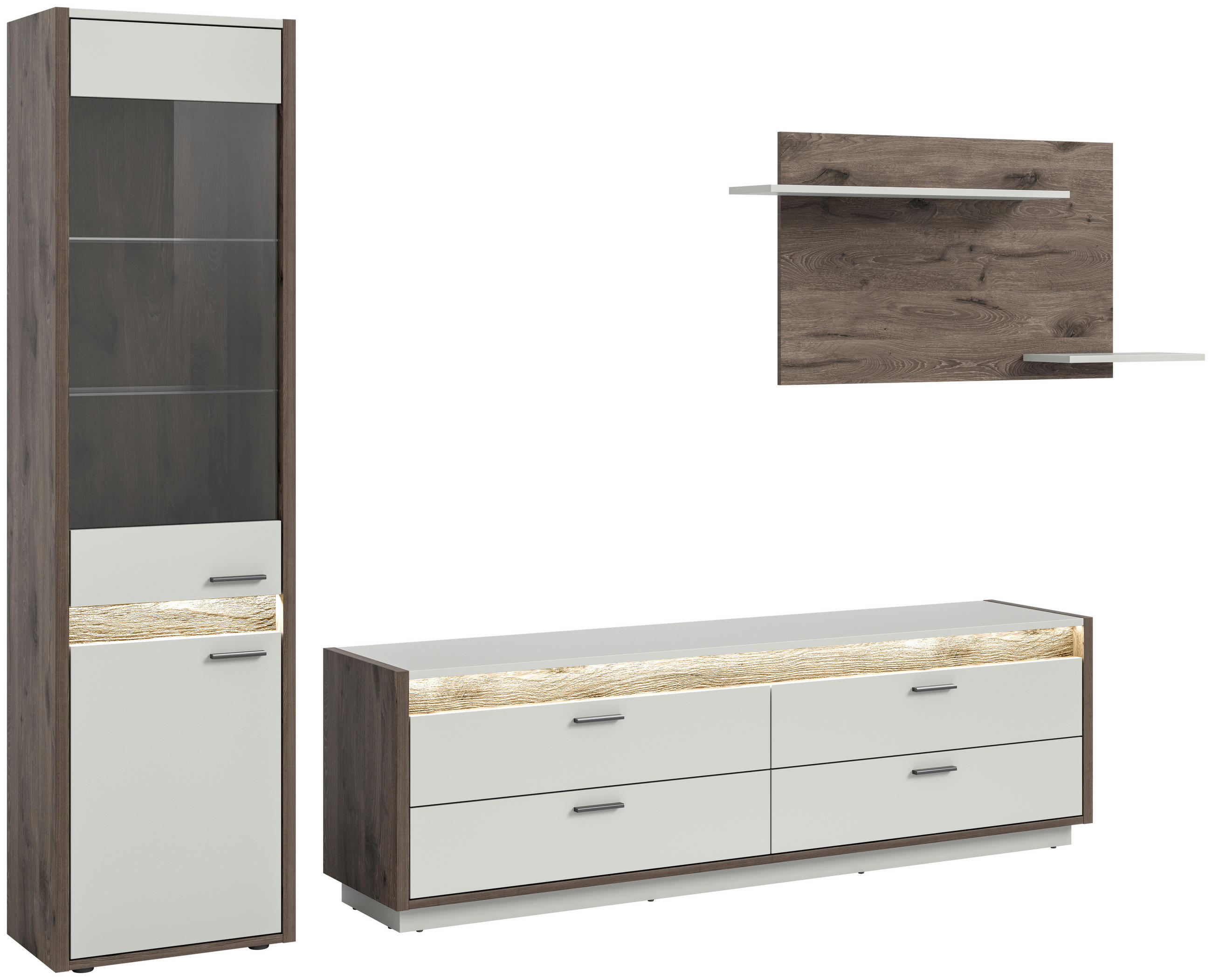 WOHNWAND 3-teilig  in Hellgrau  268/198/43 cm  - Hellgrau, Design, Glas/Holzwerkstoff (268/198/43cm) - MID.YOU