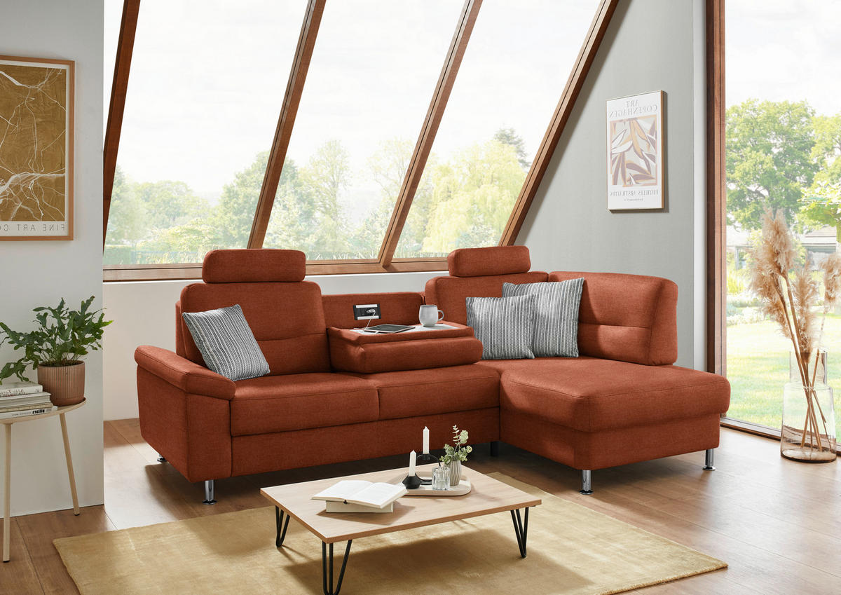 ECKSOFA  in Flachgewebe Terracotta  244/160 cm  - Terracotta/Alufarben, KONVENTIONELL, Textil/Metall (244/160cm) - Beldomo Comfort