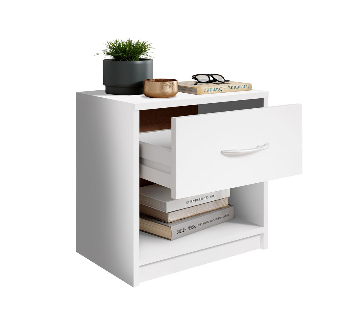 Noptieră, 39/41/28 cm, alb - alb/culoare aluminiu, Design, plastic/material pe bază de lemn (39/41/28cm) - Boxxx