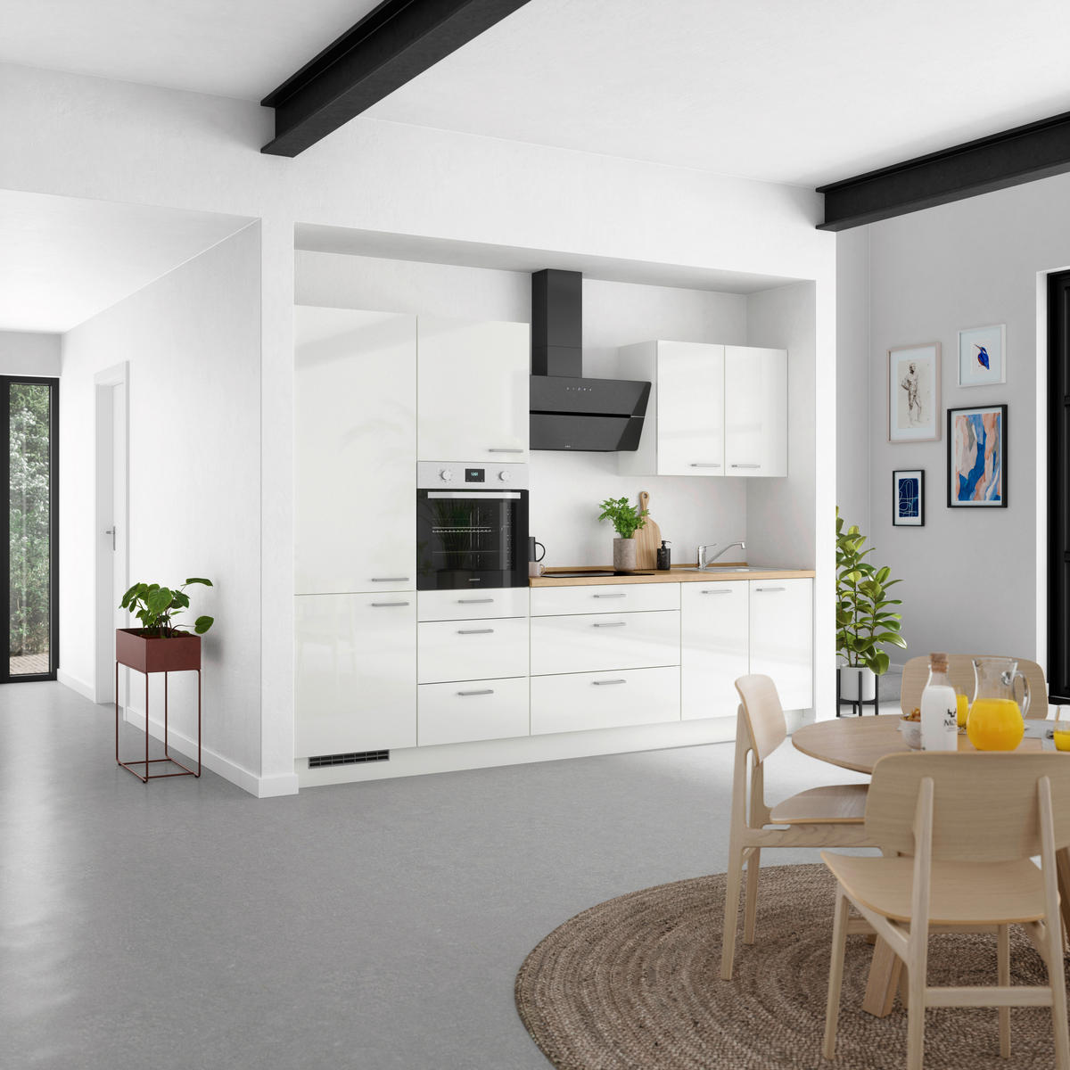 KÜCHENLEERBLOCK 300 cm   in Eichefarben, Weiß Hochglanz  - Edelstahlfarben/Eichefarben, MODERN, Holzwerkstoff/Metall (300cm) - Nobilia