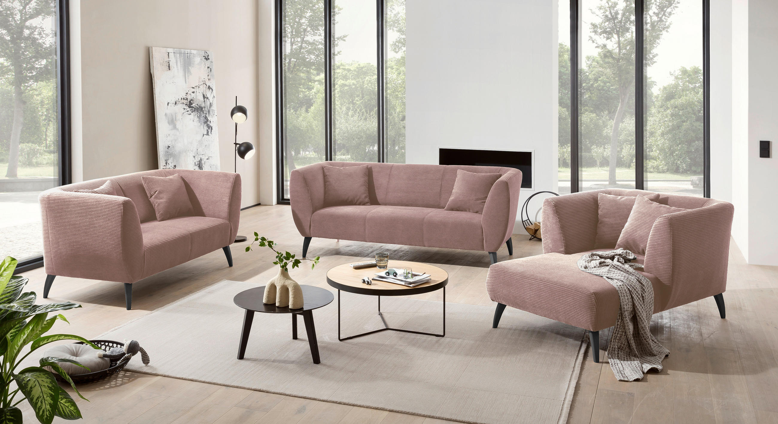 2-SITZER-SOFA Cord Rosa  - Schwarz/Rosa, MODERN, Holz/Textil (172/83/88cm) - MID.YOU