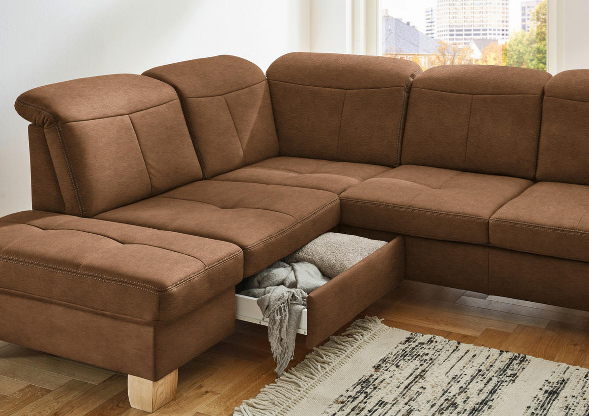 WOHNLANDSCHAFT in Mikrofaser Hellbraun  - Wildeiche/Hellbraun, Konventionell, Holz/Textil (243/343/185cm) - Voleo