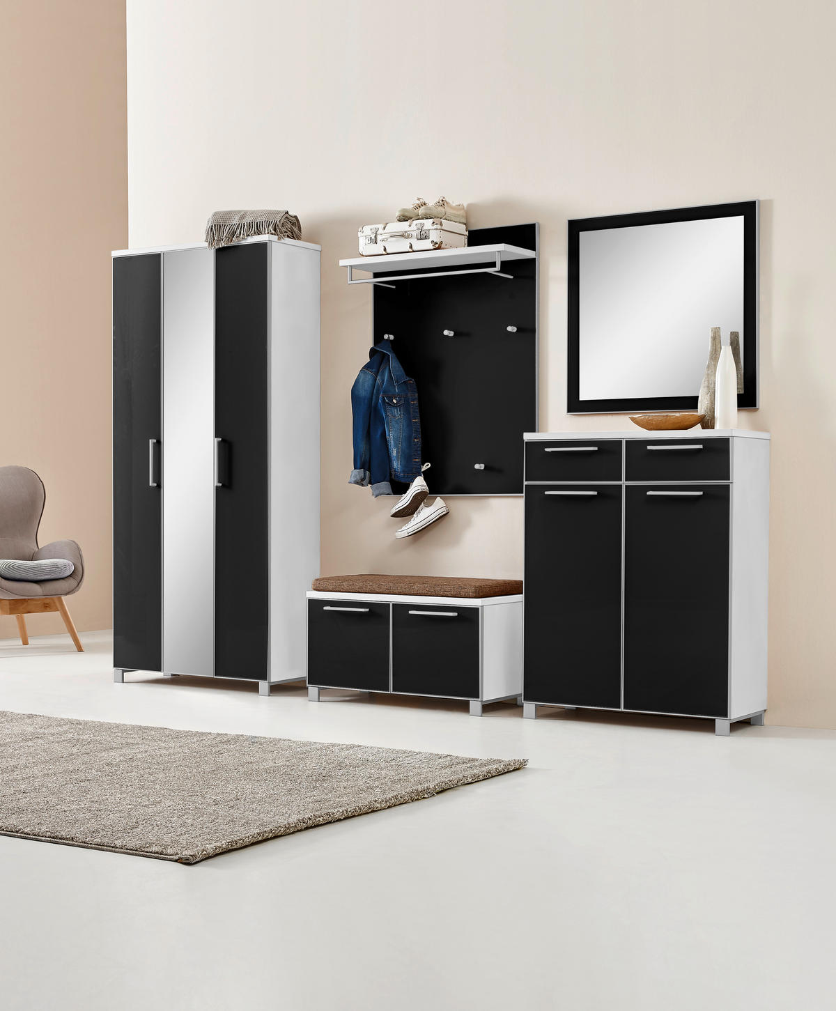 GARDEROBE 6-teilig  in 265/195/40 cm  - Hellbraun/Weiss, Design, Glas/Holzwerkstoff (265/195/40cm)