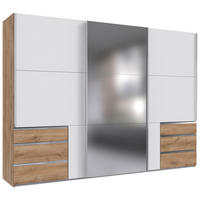 SCHWEBETÜRENSCHRANK 300/216/65 cm,  in Weiß, Eichefarben, 3 Tür(en)  - Chromfarben/Eichefarben, MODERN, Glas/Holzwerkstoff (300/216/65cm) - MID.YOU