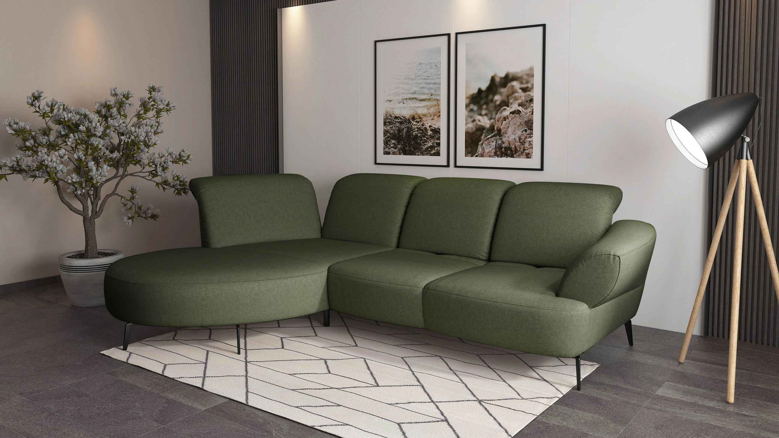ECKSOFA DANCE E Olivgrün Flachgewebe  - Schwarz/Olivgrün, MODERN, Textil/Metall (208/313cm) - Sit & More