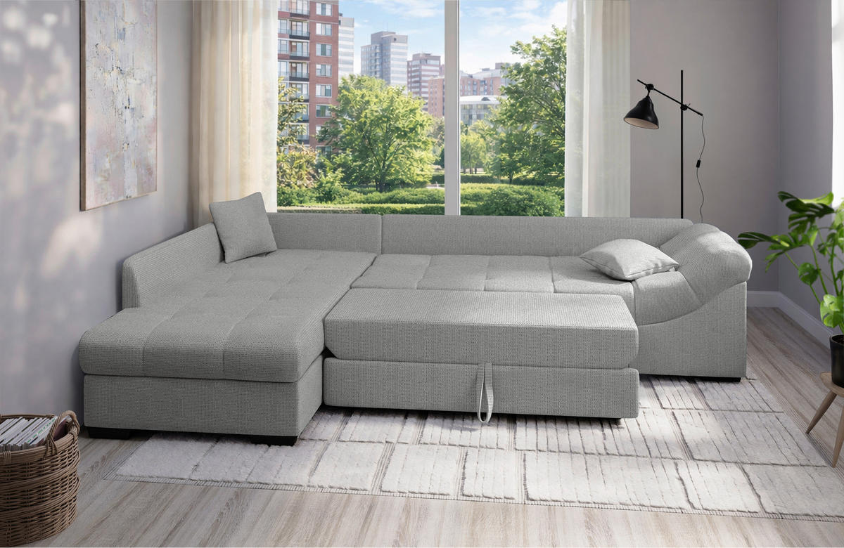 ECKSCHLAFSOFA Alvito Silberfarben Chenille  - Silberfarben/Schwarz, MODERN, Holz/Textil (202/298cm) - MID.YOU