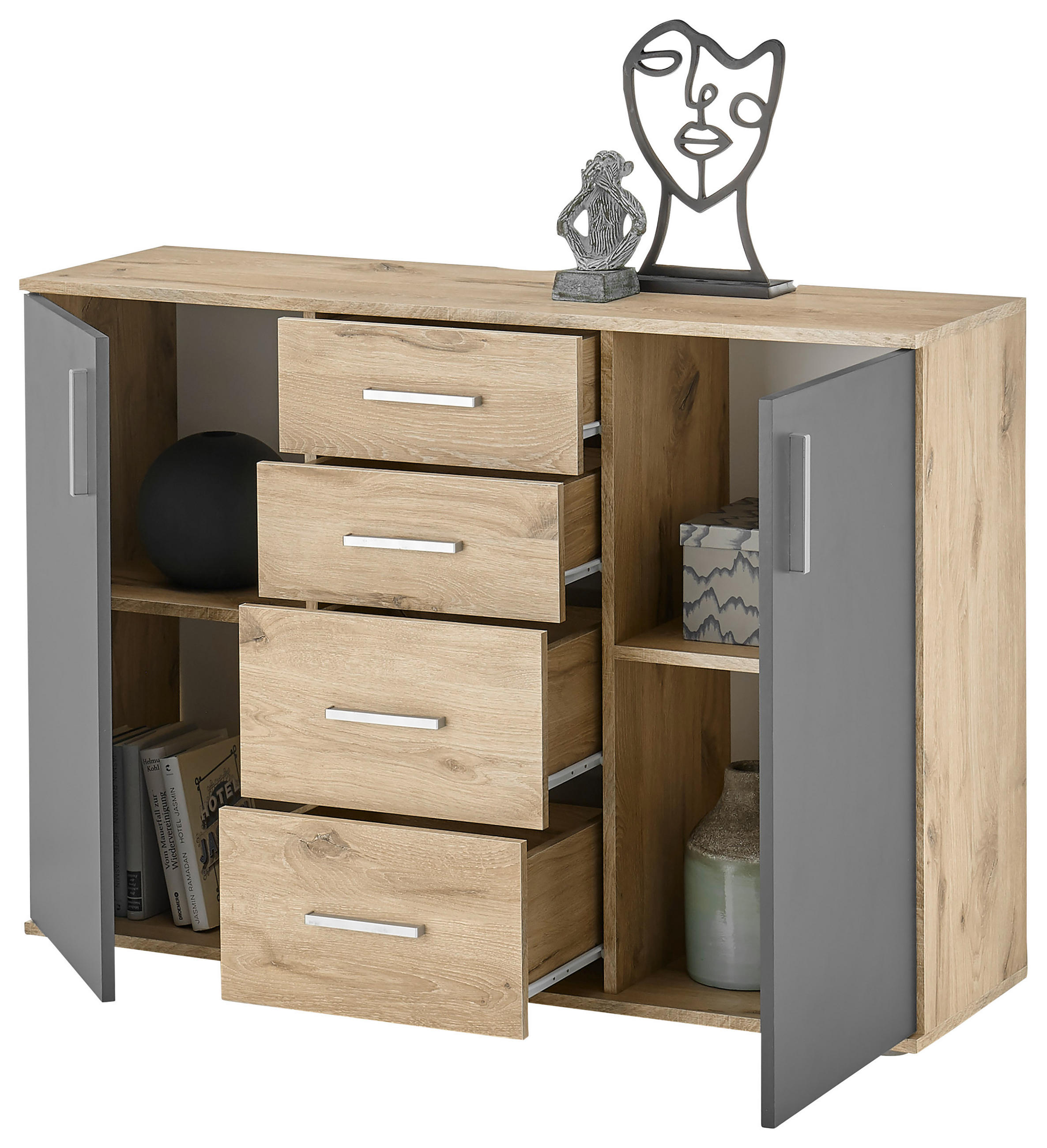 KOMODA S VRATIMA - siva/boja hrasta, Dizajnerski, pločasti materijal/plastika (120,0/84,0/35,0cm) - Carryhome