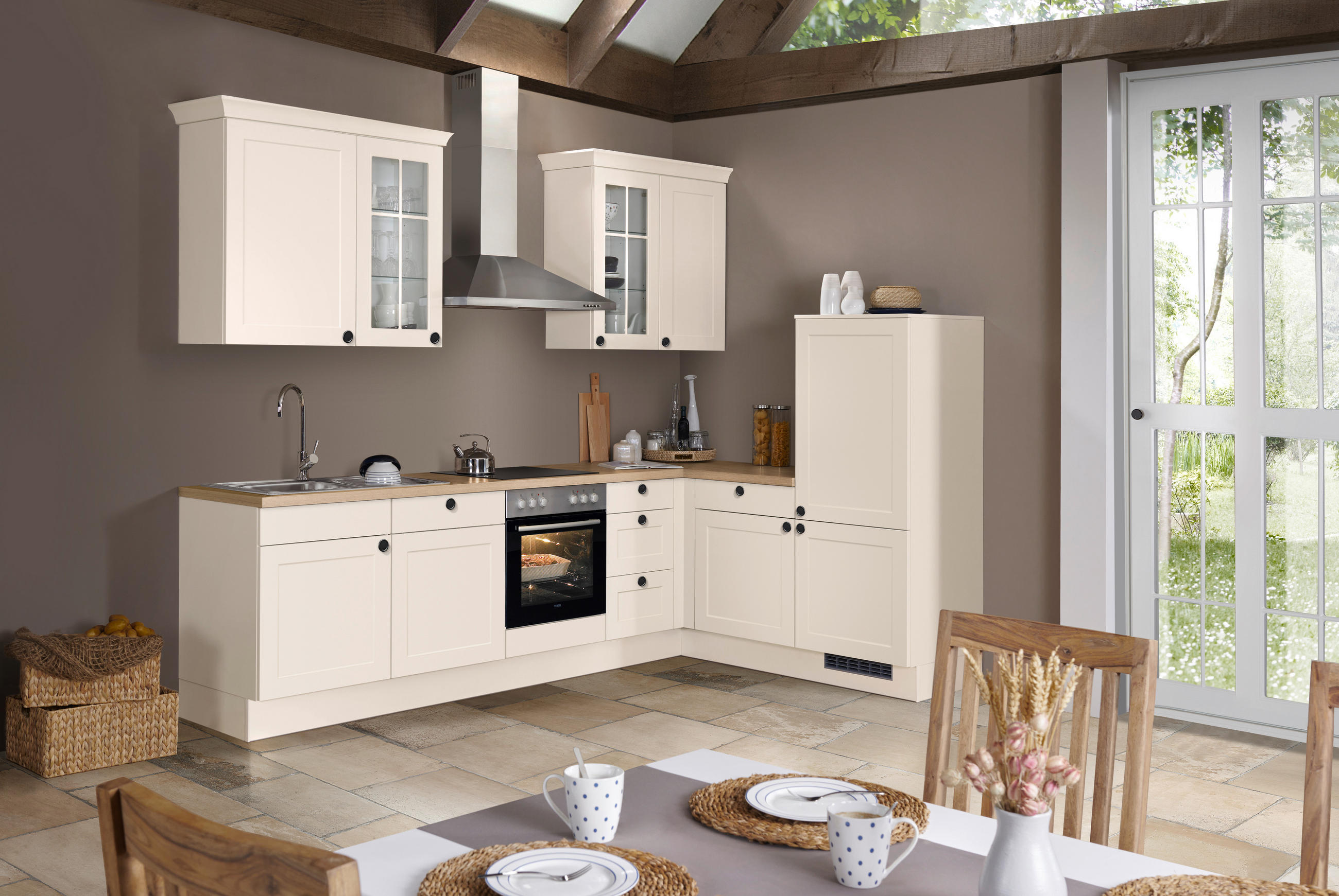 ECKKÜCHE 290,0/185,4 cm  in Magnolie  - Eichefarben/Magnolie, Basics, Glas/Holzwerkstoff (290,0/185,4cm) - Impuls