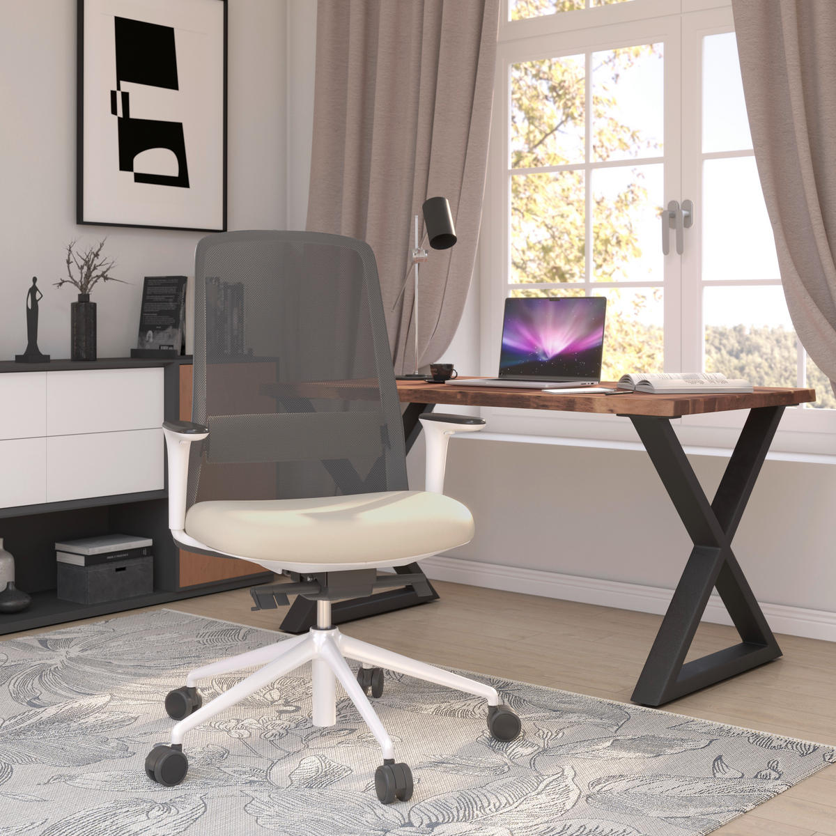 DREHSTUHL Schwarz, Weiß, Beige  - Beige/Schwarz, MODERN, Leder/Kunststoff (70/103-115/70cm)