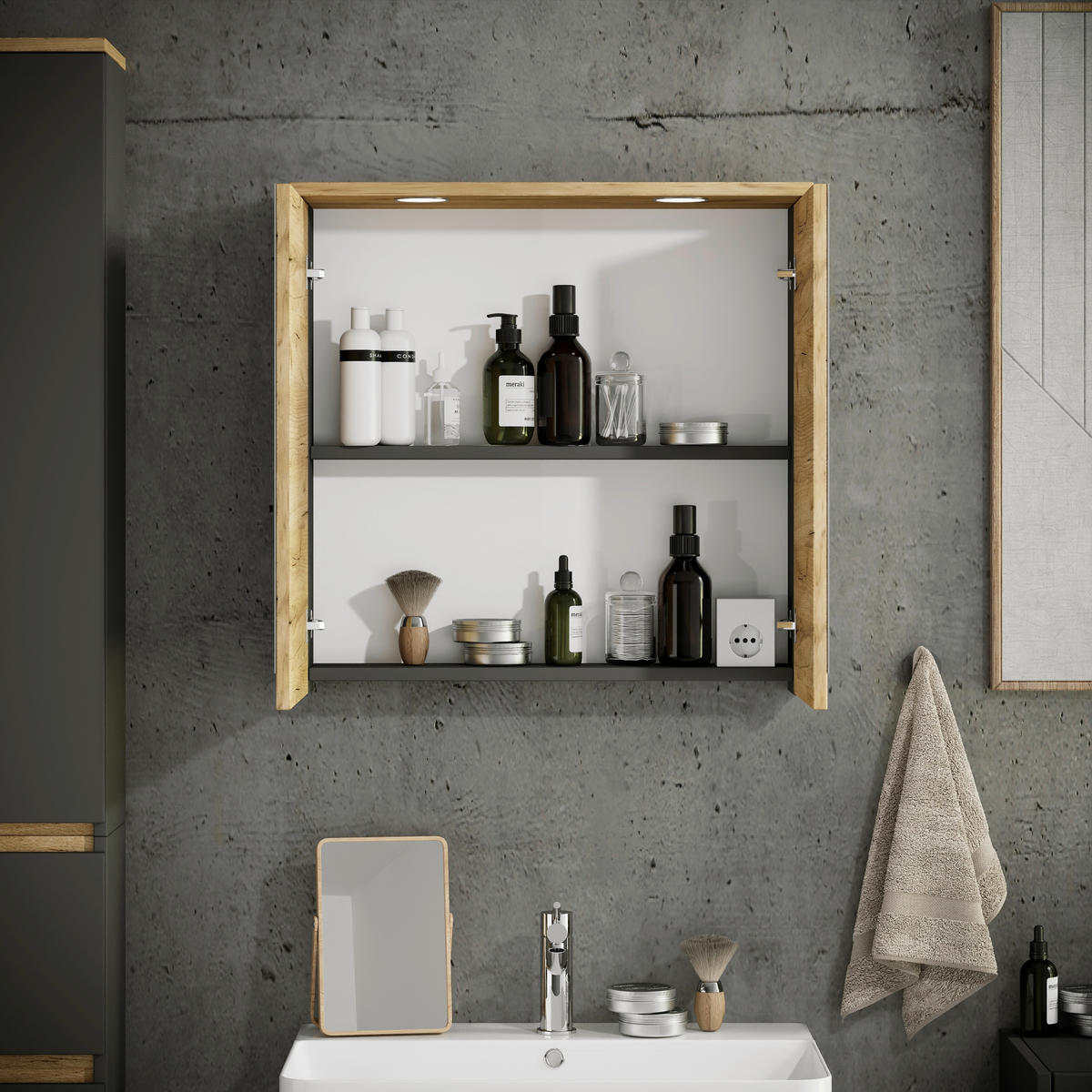 SPIEGELSCHRANK 60/59/23 cm  - Honigeiche/Anthrazit, Trend, Glas/Holzwerkstoff (60/59/23cm) - MID.YOU