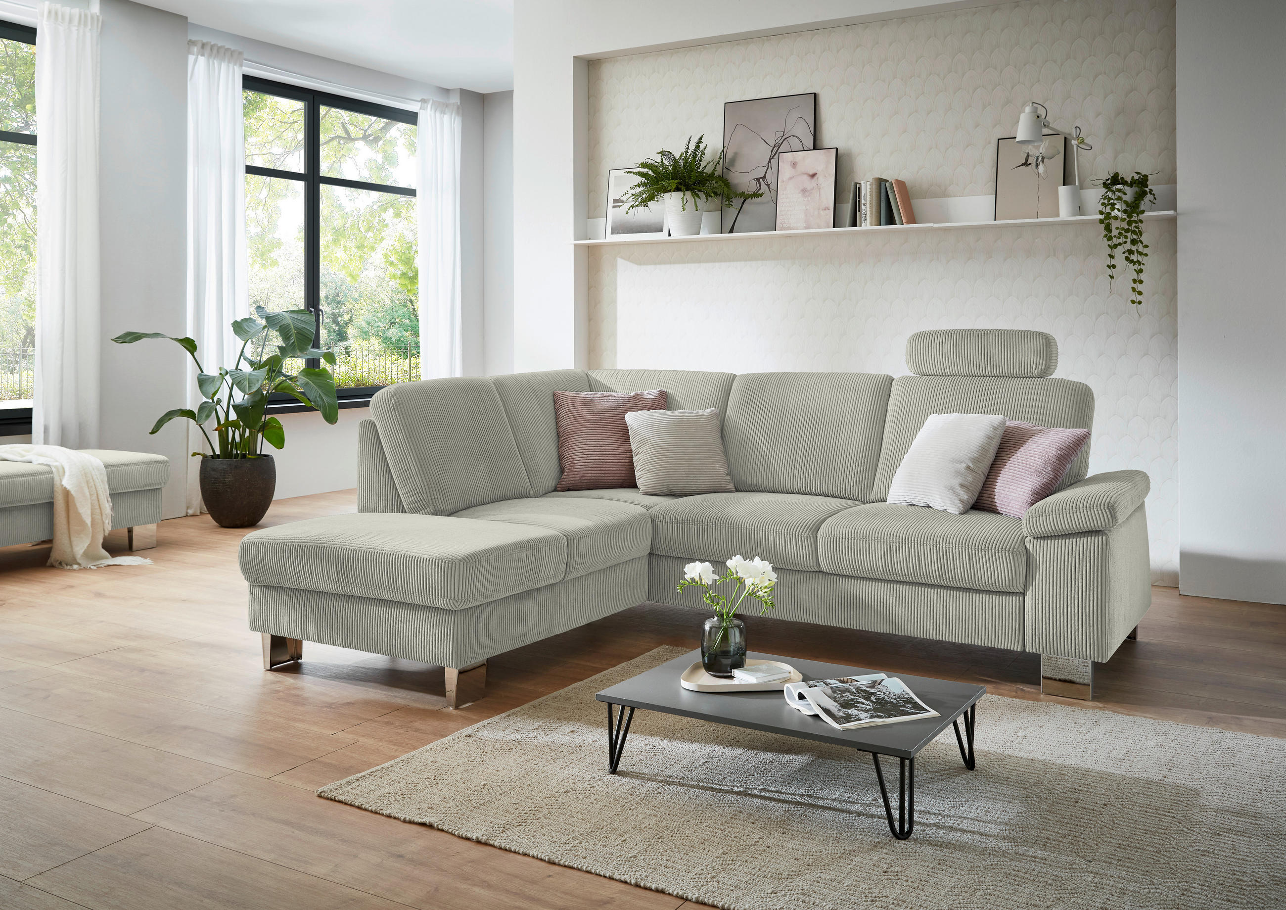 ECKSOFA in Cord Greige  - Edelstahlfarben/Greige, Konventionell, Textil/Metall (200/248cm) - Beldomo System