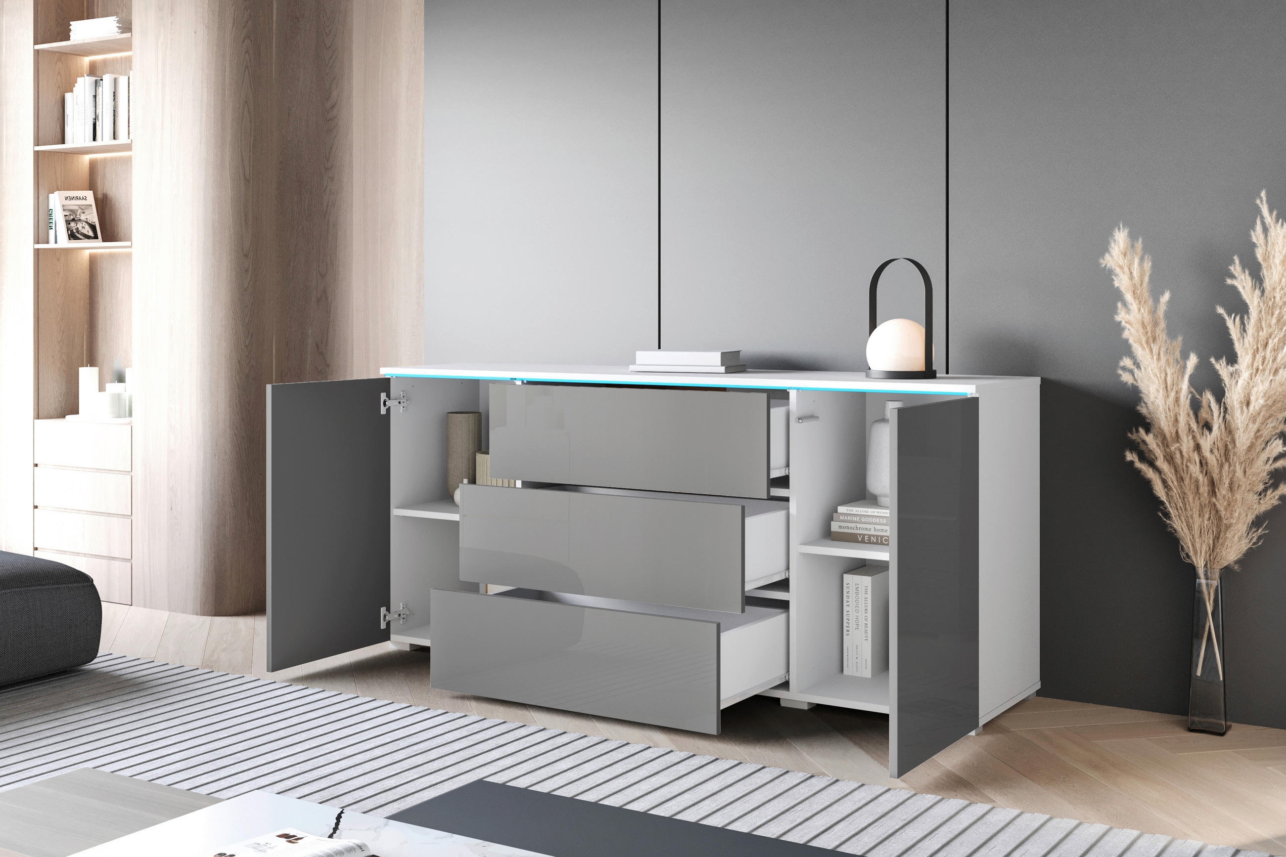 SIDEBOARD  - vit/grå högglans, Trend, trämaterial/plast (150/67,9/39,5cm)