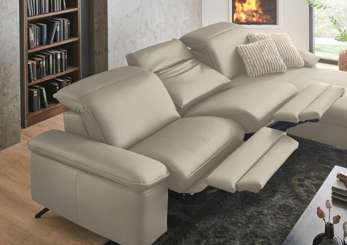 ECKSOFA  Echtleder Ecru  - Ecru/Schwarz, Design, Leder/Metall (307/169cm) - Beldomo Premium