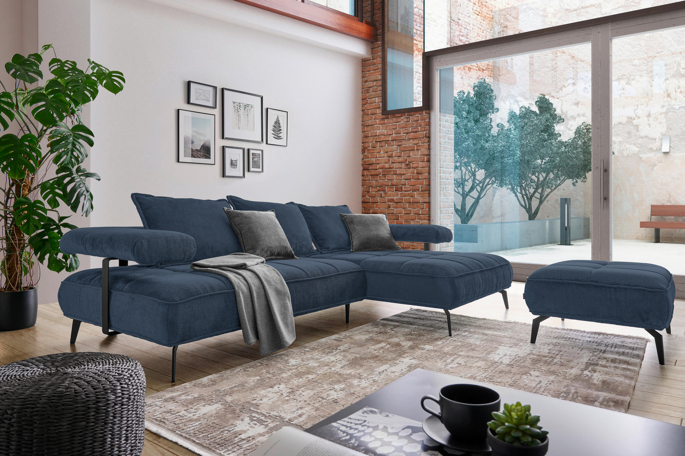 ECKSOFA in Webstoff Dunkelblau  - Schwarz/Dunkelblau, Design, Textil/Metall (266/180cm) - Welnova