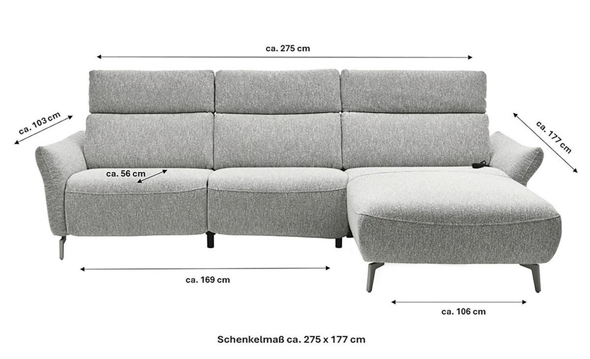 ECKSOFA Musterring Naturfarben Webstoff Kopfteilverstellung  - Schwarz/Naturfarben, Design, Textil/Metall (275/177cm) - Musterring