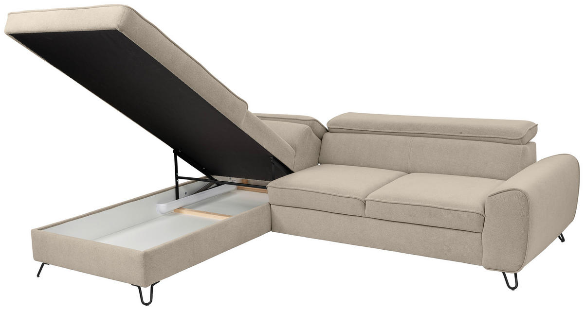 ECKSOFA in Flachgewebe Beige  - Beige/Schwarz, Design, Textil/Metall (200/250cm) - Stylife