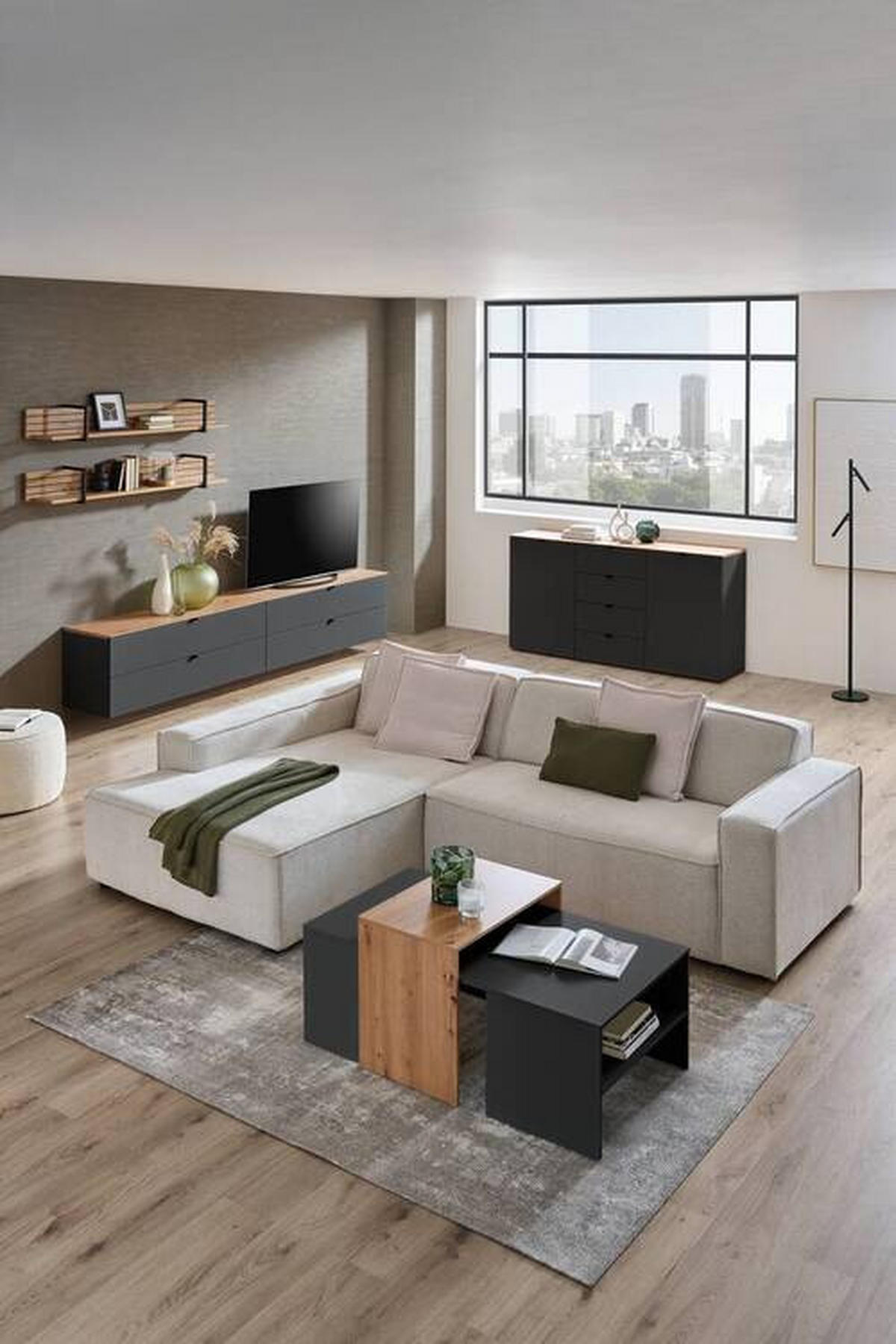 TV-ELEM 140/62/44 cm  - grafitszürke/fekete, Modern, faalapú anyag/fém (140/62/44cm) - Hom`in