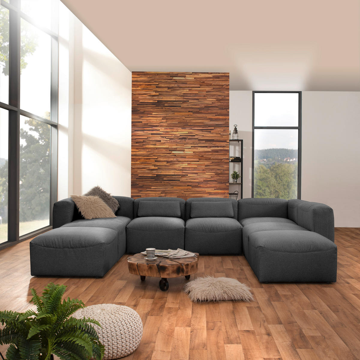 WOHNLANDSCHAFT Anthrazit Flachgewebe  - Anthrazit, Design, Kunststoff/Textil (235/350/250cm) - Max Winzer