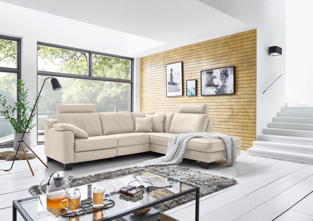 ECKSOFA in Echtleder Greige  - Greige/Eichefarben, Design, Leder/Holz (259/235cm) - Valdera