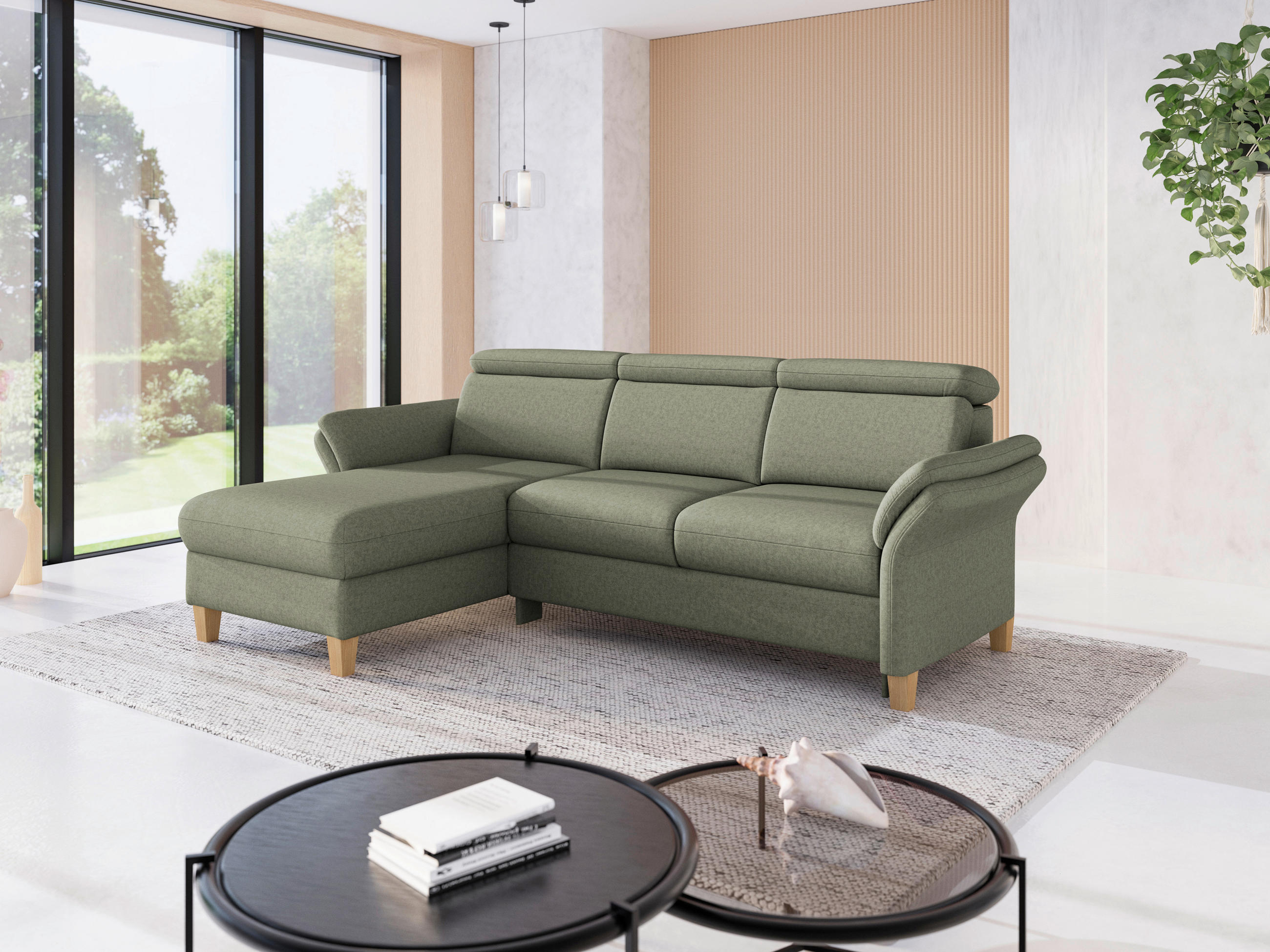 ECKSOFA GLENDALE E Olivgrün Flachgewebe  - Eichefarben/Olivgrün, KONVENTIONELL, Holz/Textil (166/253cm) - Sit & More