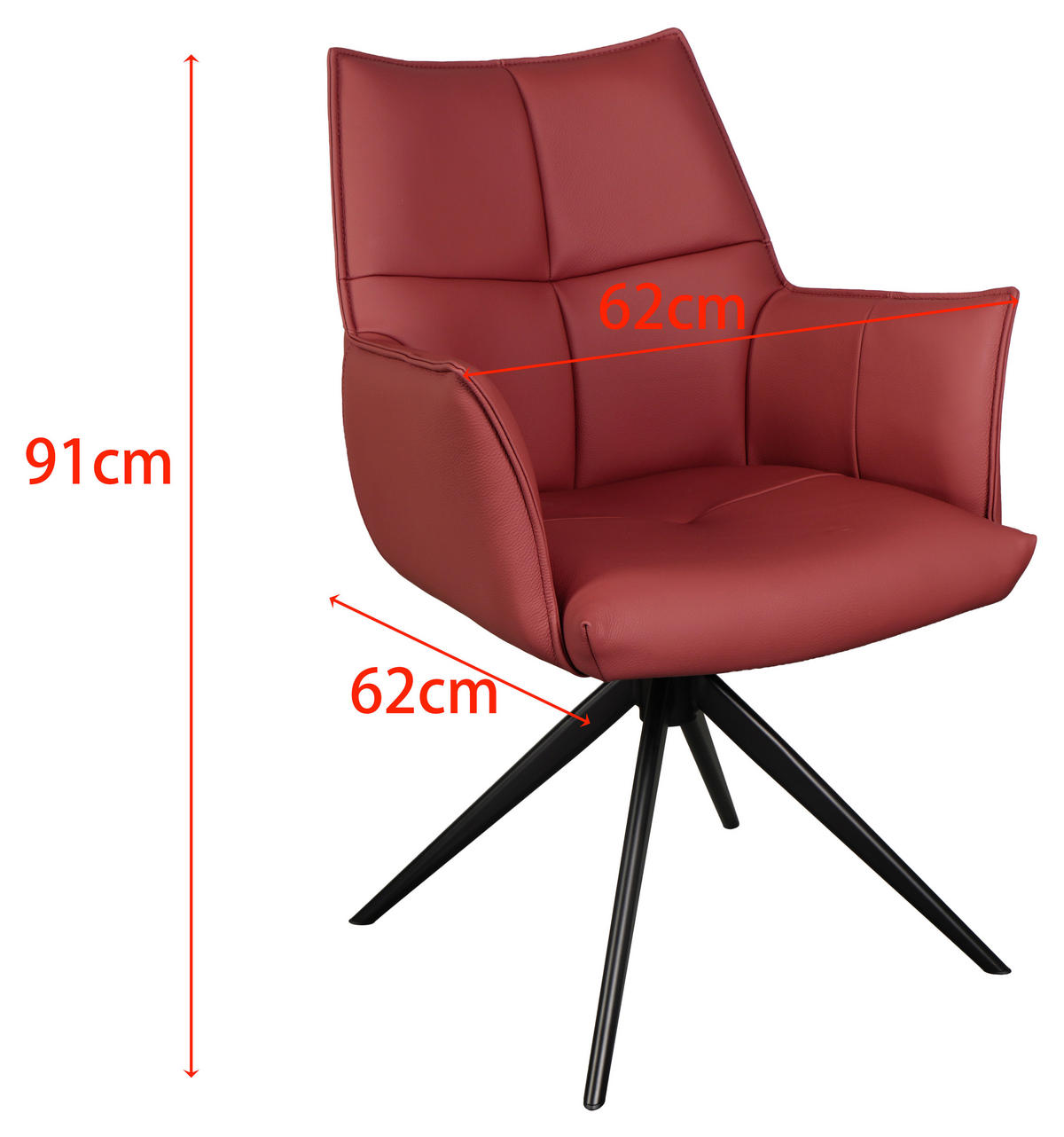 ARMLEHNSTUHL  Lederauswahl, Sitzfläche 360° drehbar  Echtleder  Schwarz, Weinrot  - Weinrot/Schwarz, Design, Leder/Metall (62/91/62cm) - Novel