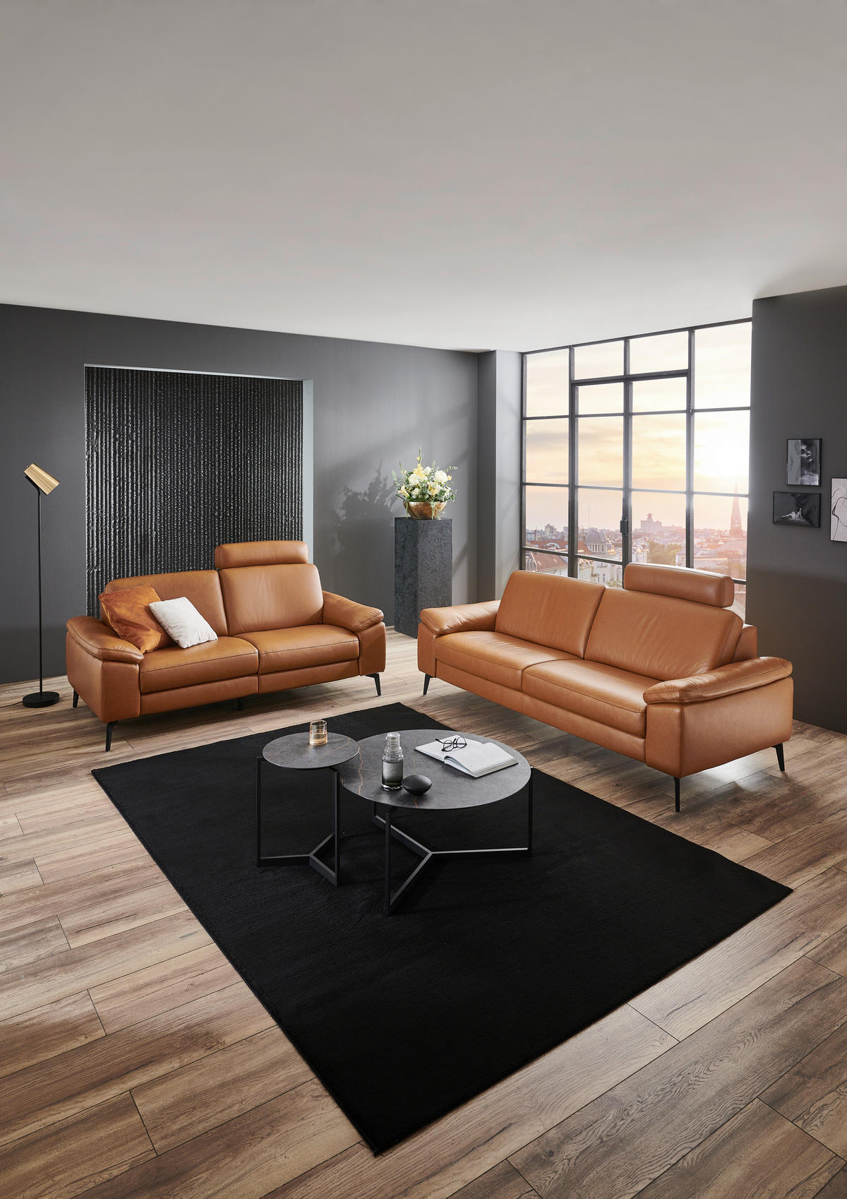 3-SITZER-SOFA in Echtleder Cognac  - Cognac/Schwarz, Design, Leder/Metall (224/88/100cm) - Valdera